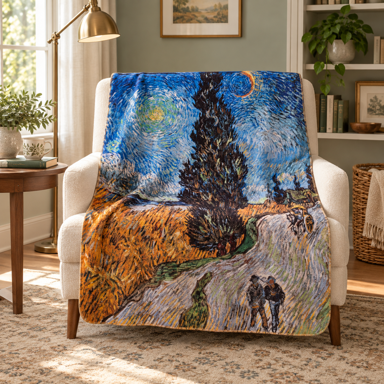 Road with Cypress and Star - Selvili ve Yıldızlı Yol Polar Tv Battaniyesi — Ev sahnesi