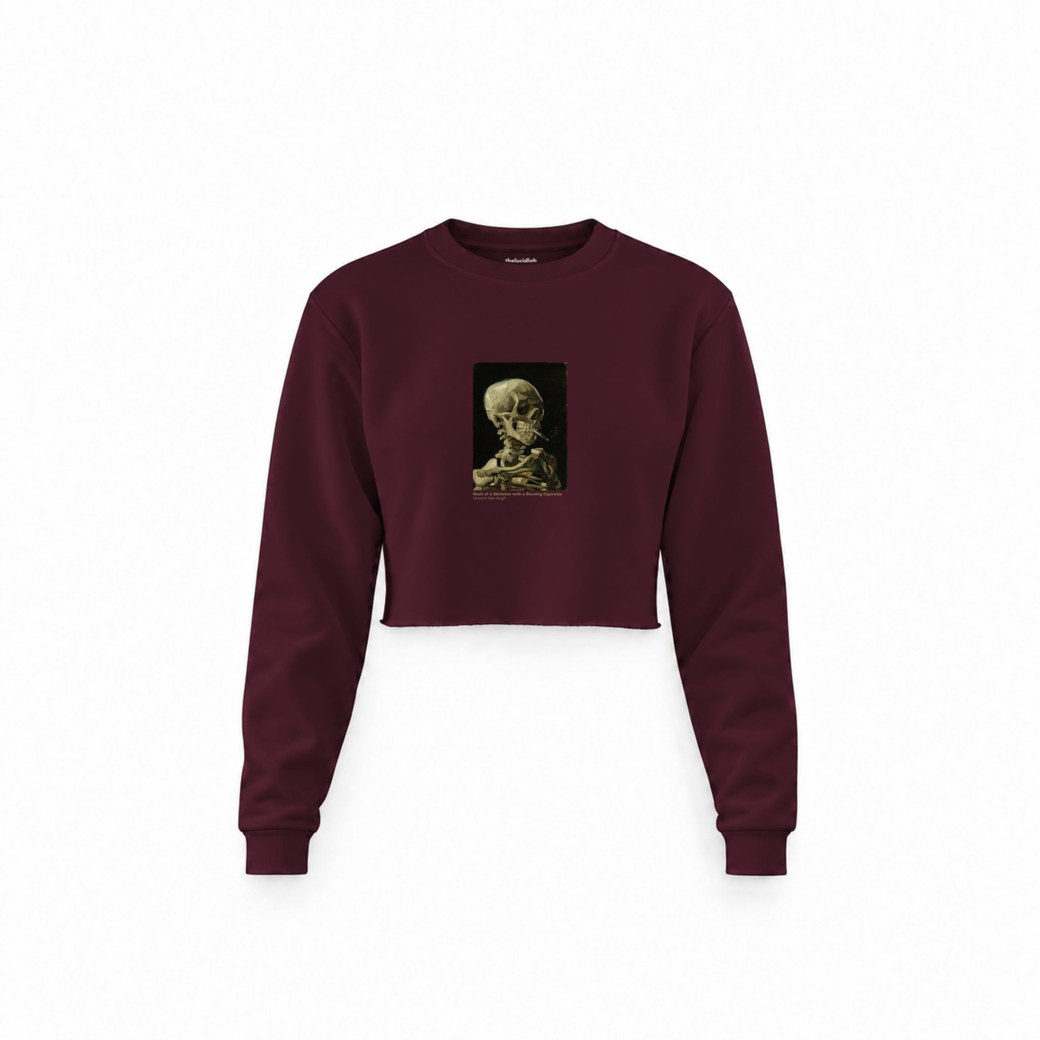 Skull of a Skeleton with Burning Cigarette Crop Sweatshirt — Bordo — Görsel 1