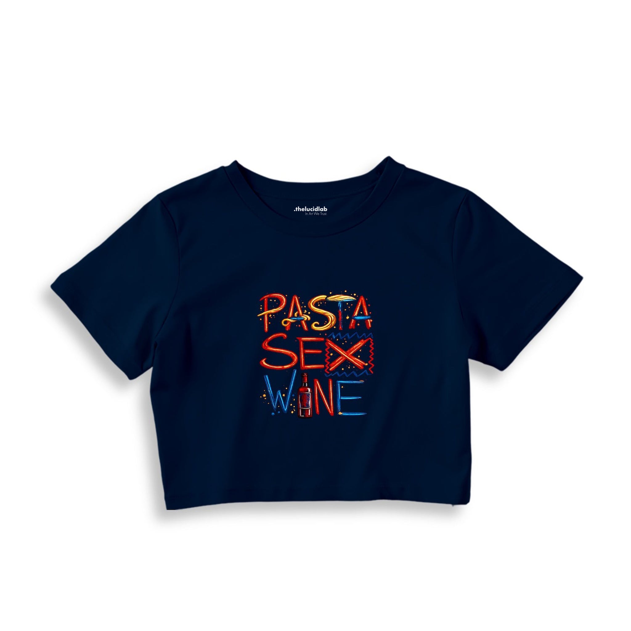 Pasta Sex Wine Crop Tişört — Lacivert