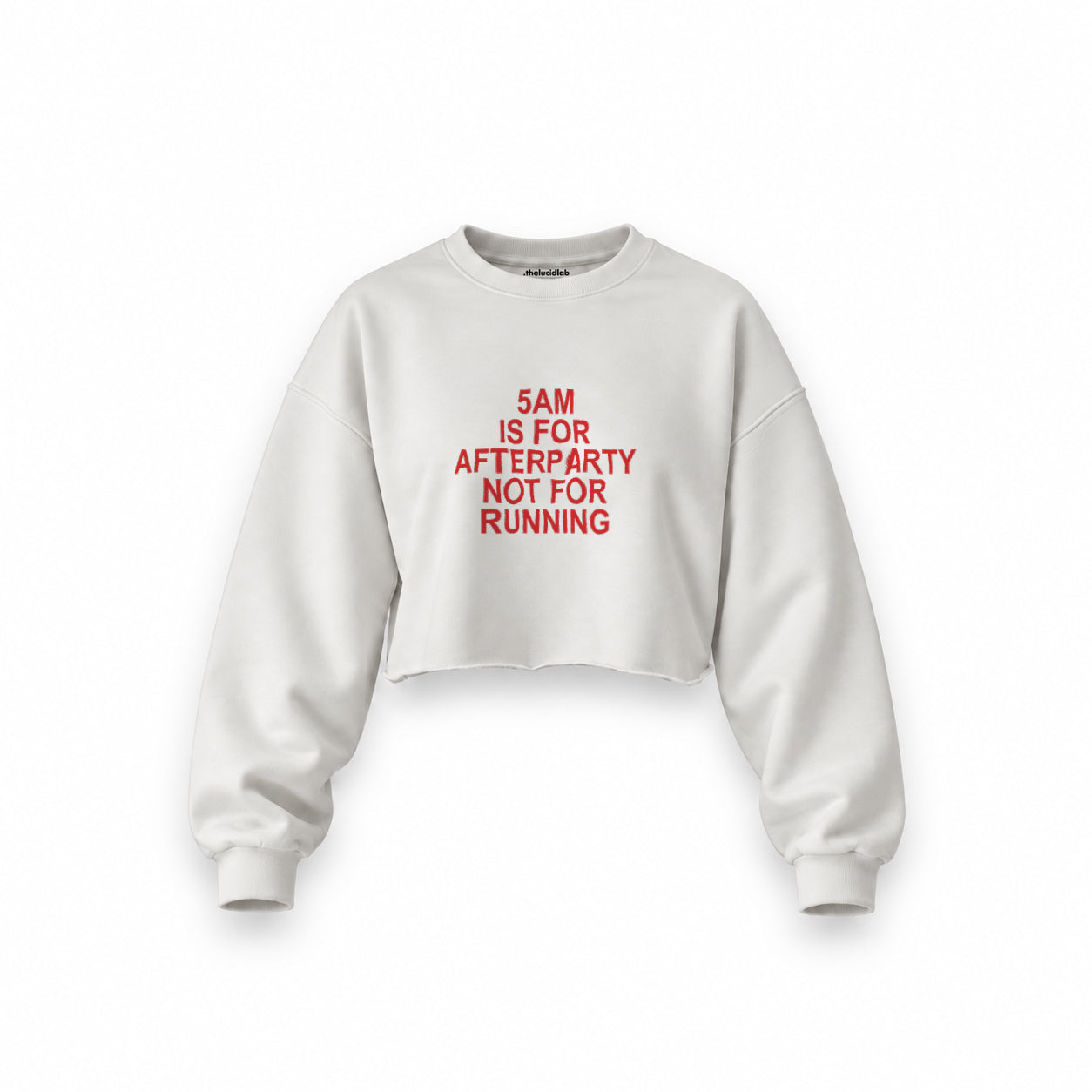 5AM Is for Afterparty Not for Running oversize crop sweatshirt – Beyaz – ön görünüm