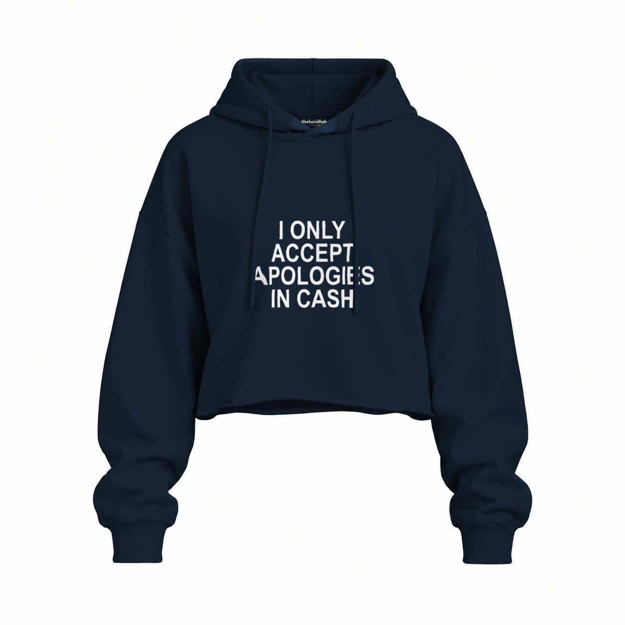 I Only Accept Apologies in Cash Oversize Crop Hoodie – Lacivert – ön görünüm