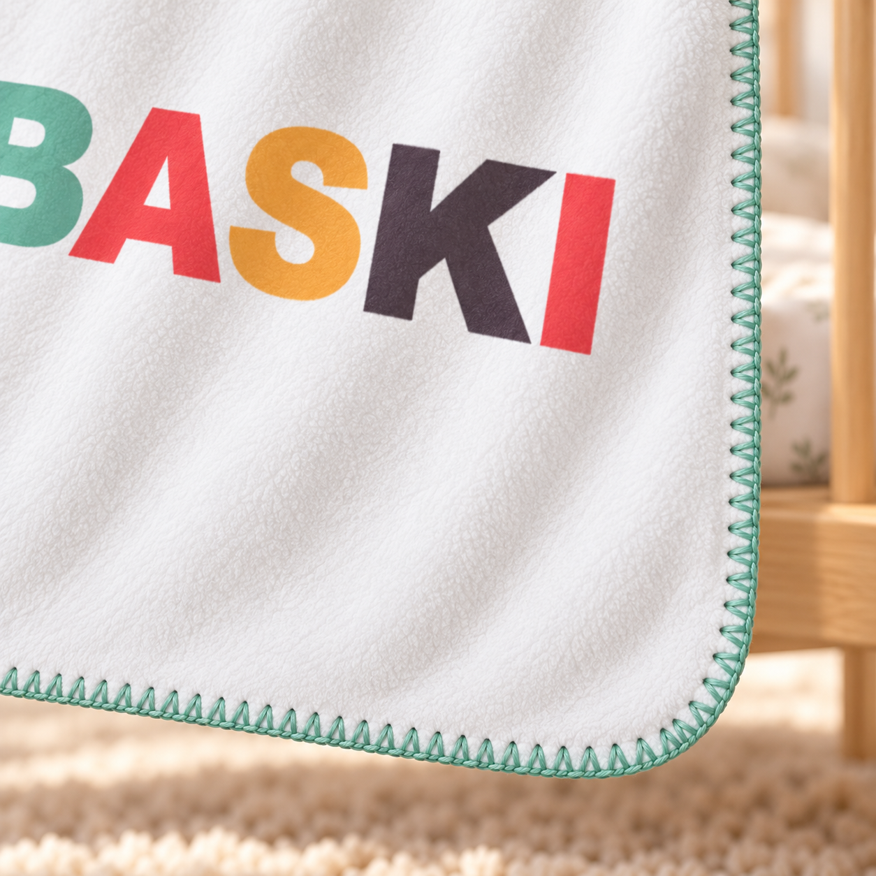 Kişiye özel polar bebek battaniyesi — kumaş dokusu, baskı ve mint dikiş yakın plan