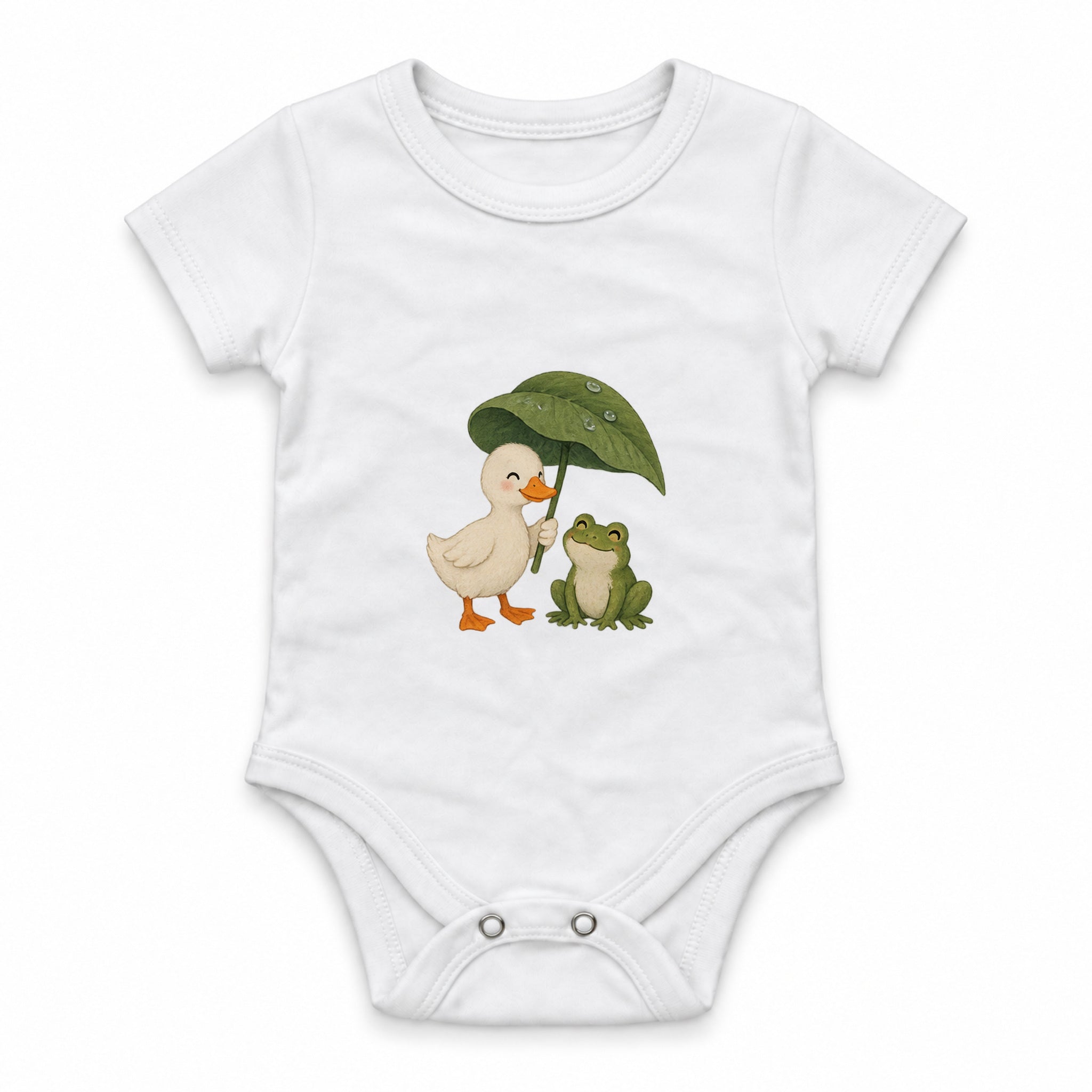Duck and frog sharing a leaf umbrella Zıbın — Beyaz — ön görünüm