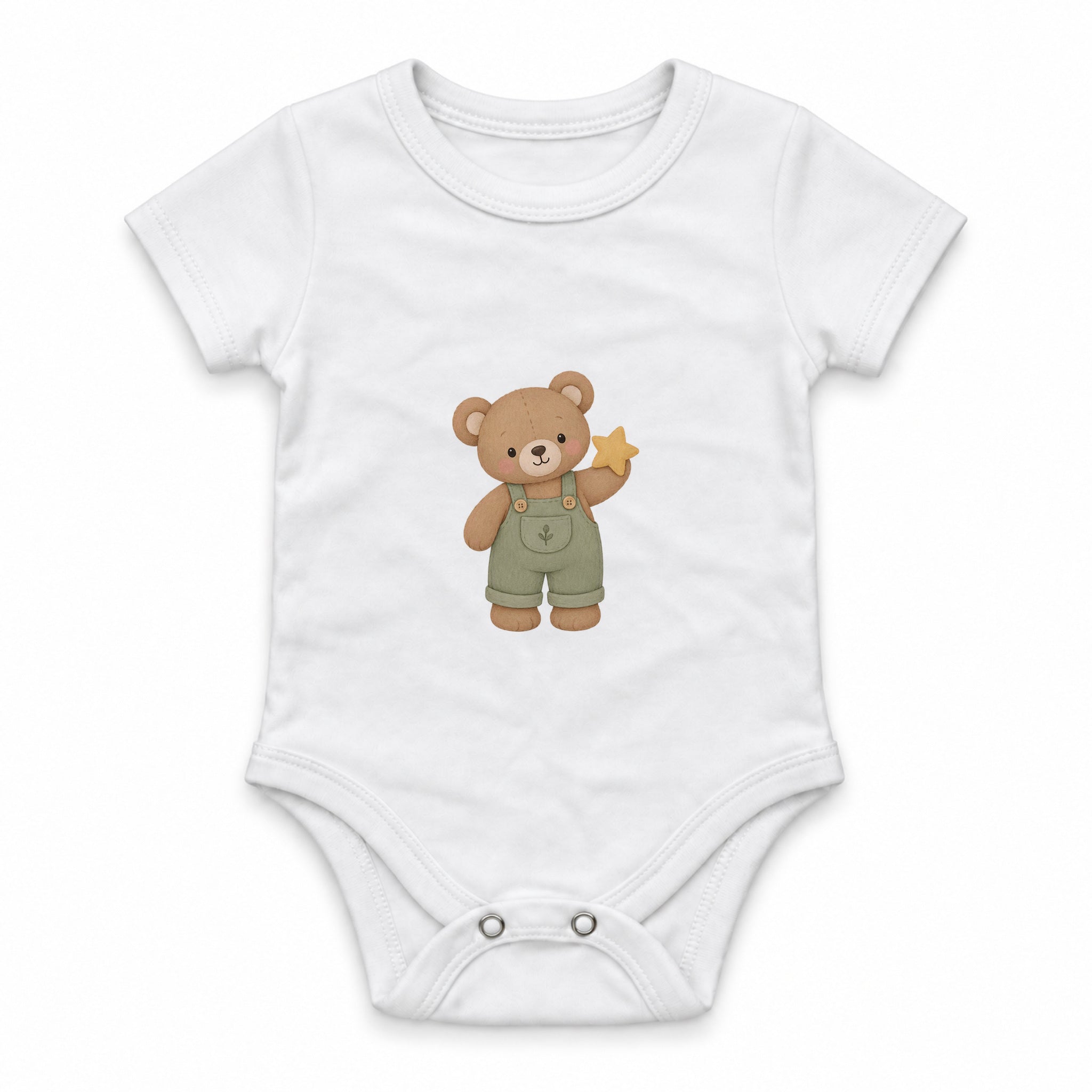 Teddy bear wearing sage overalls holding a small star Zıbın — Beyaz — ön görünüm