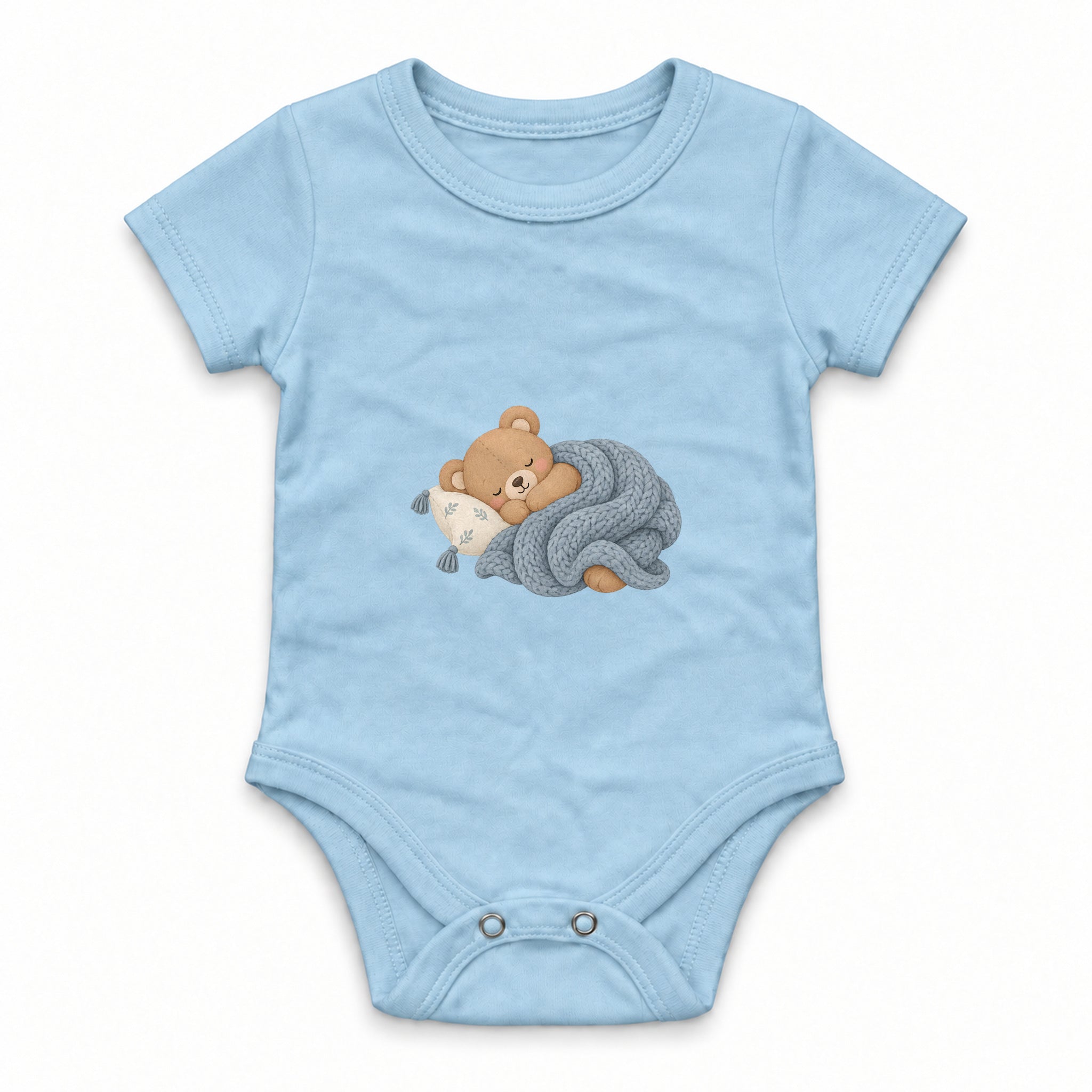 Sleeping teddy bear with a dusty blue knitted blanket Zıbın — Mavi — ön görünüm