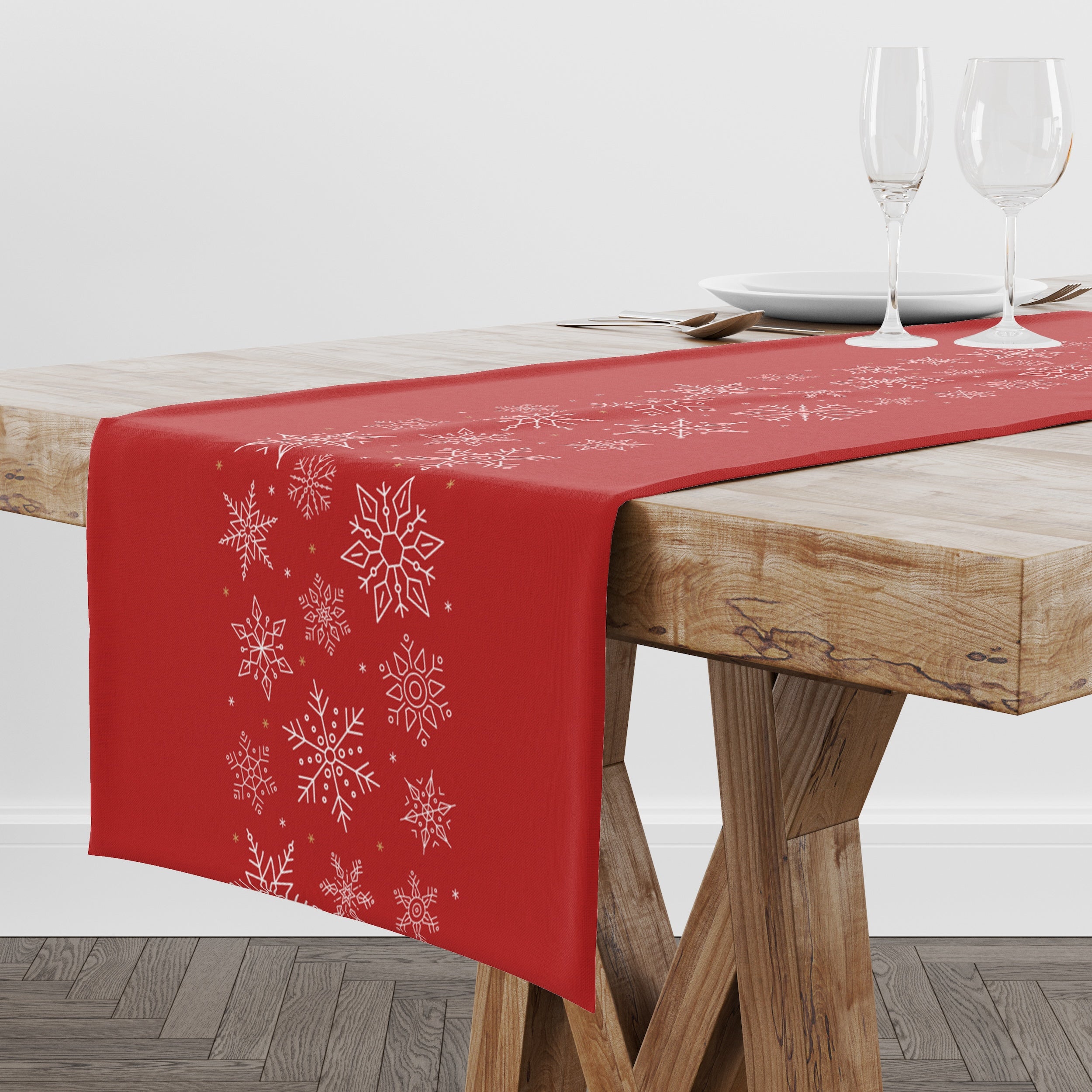 Kar Taneli Kırmızı / Beyaz Rengi Yılbaşı Temalı Runner Örtü 40 cm X 140 ...