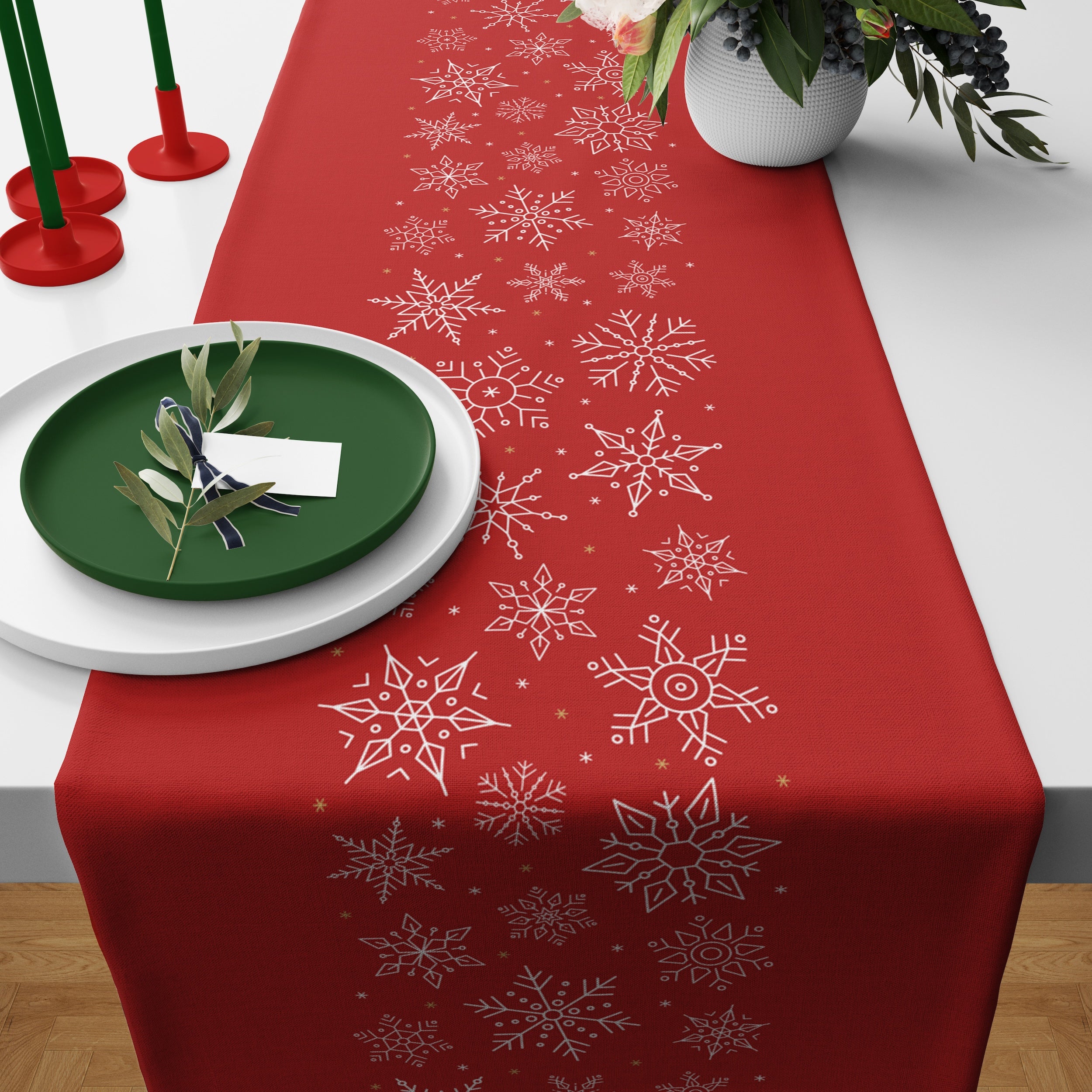 Kar Taneli Kırmızı / Beyaz Rengi Yılbaşı Temalı Runner Örtü 40 cm X 140 ...