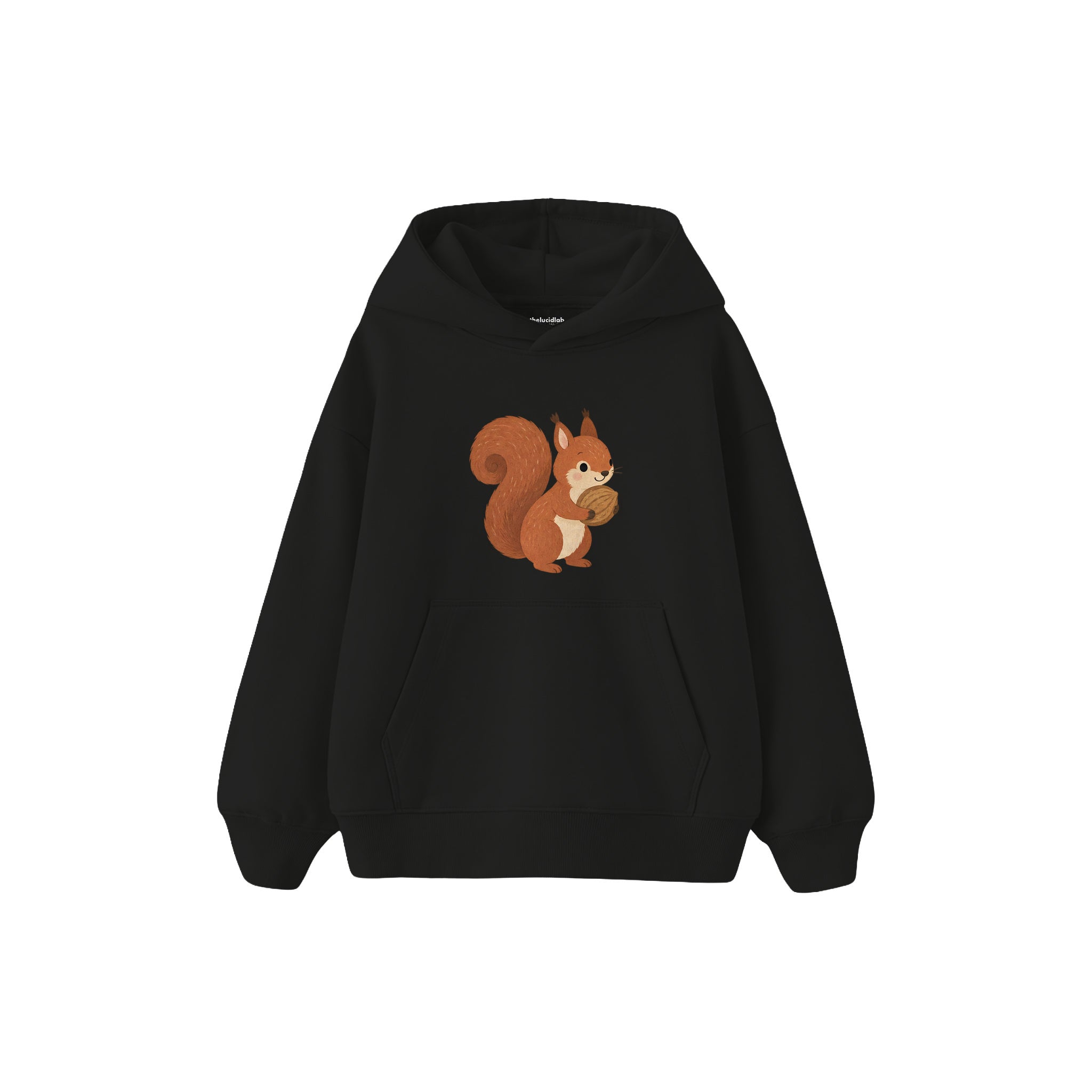 Squirrel carrying a walnut Çocuk Hoodie — Siyah — ön görünüm