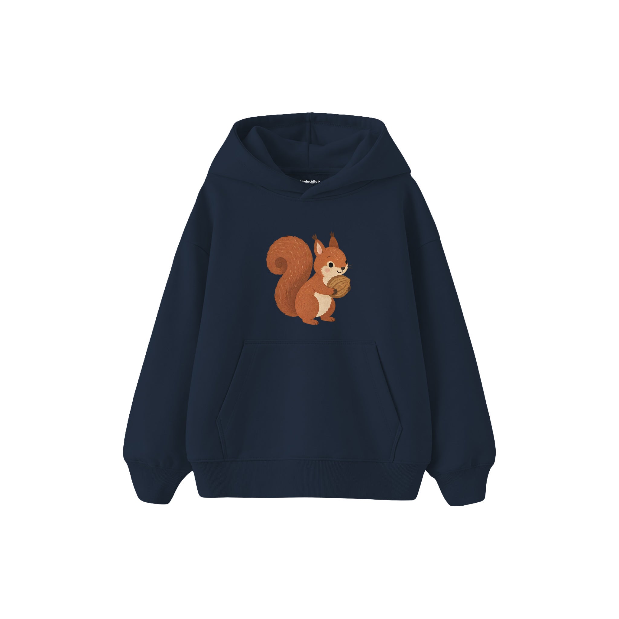 Squirrel carrying a walnut Çocuk Hoodie — Lacivert — ön görünüm