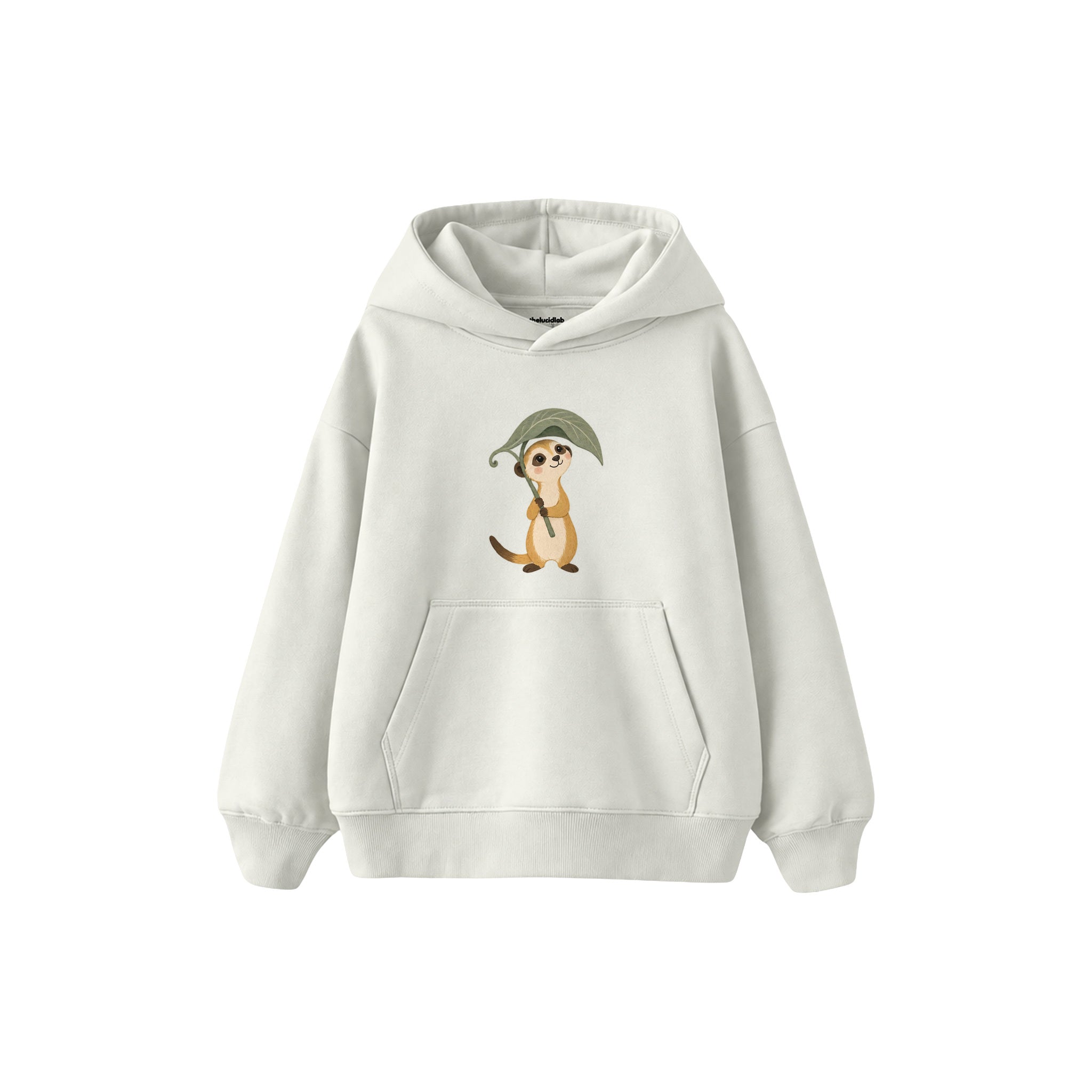 Meerkat holding a leaf umbrella Çocuk Hoodie — Beyaz — ön görünüm