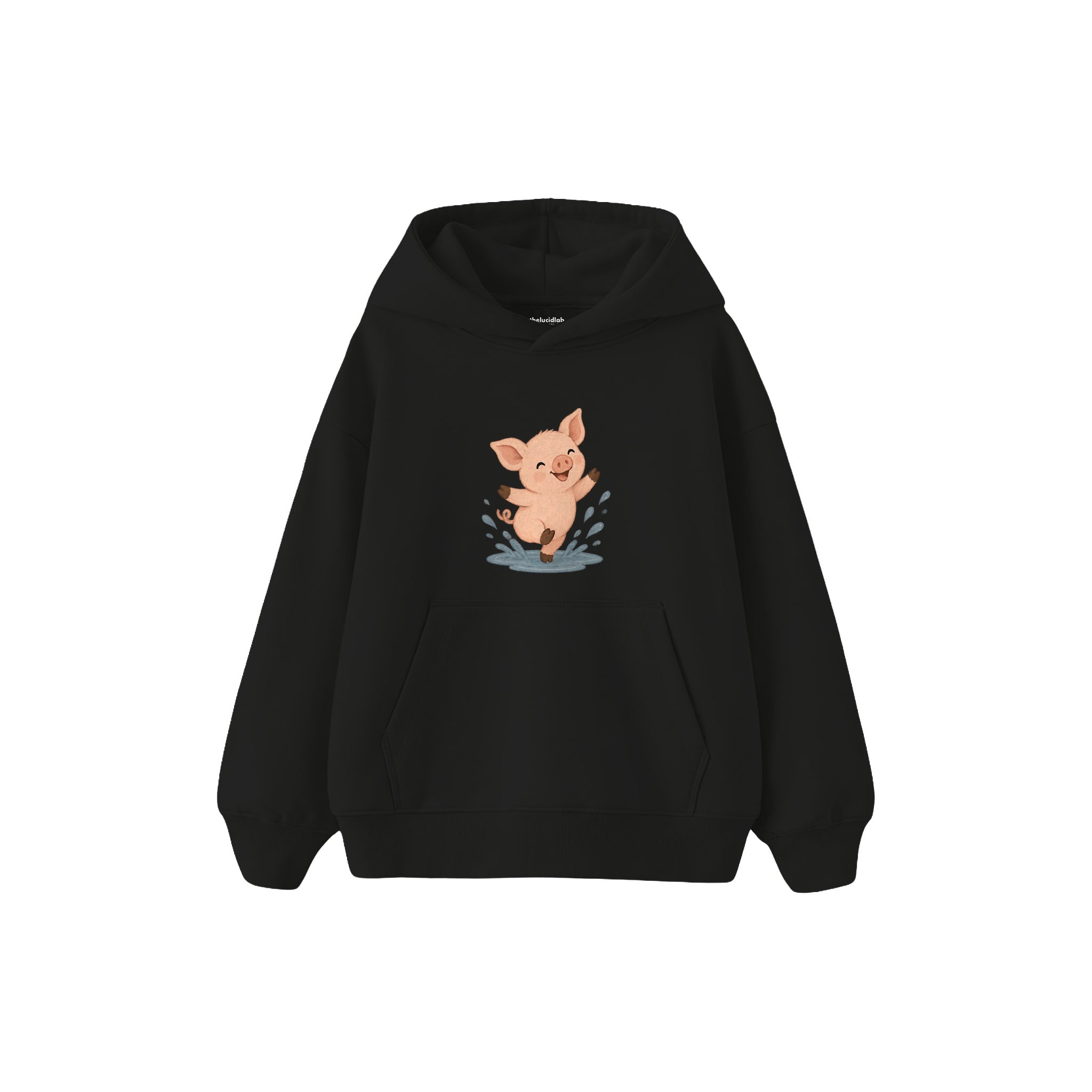 Piglet splashing in a tiny isolated puddle Çocuk Hoodie — Siyah — ön görünüm
