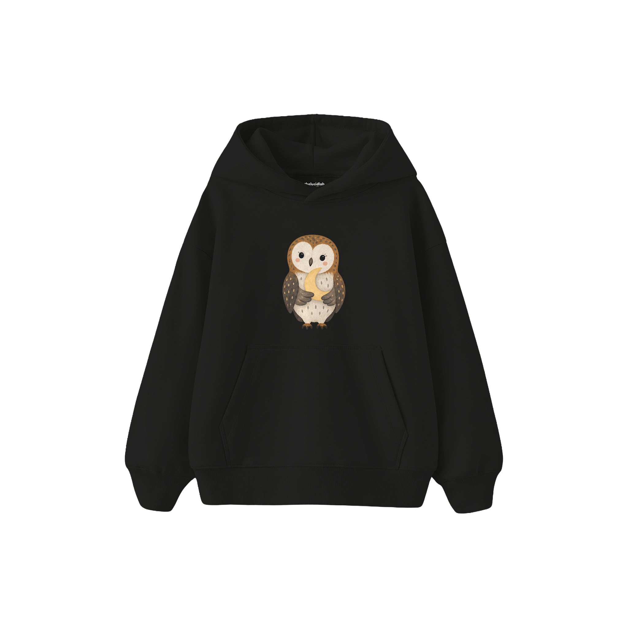 Owl holding a small moon Çocuk Hoodie — Siyah — ön görünüm