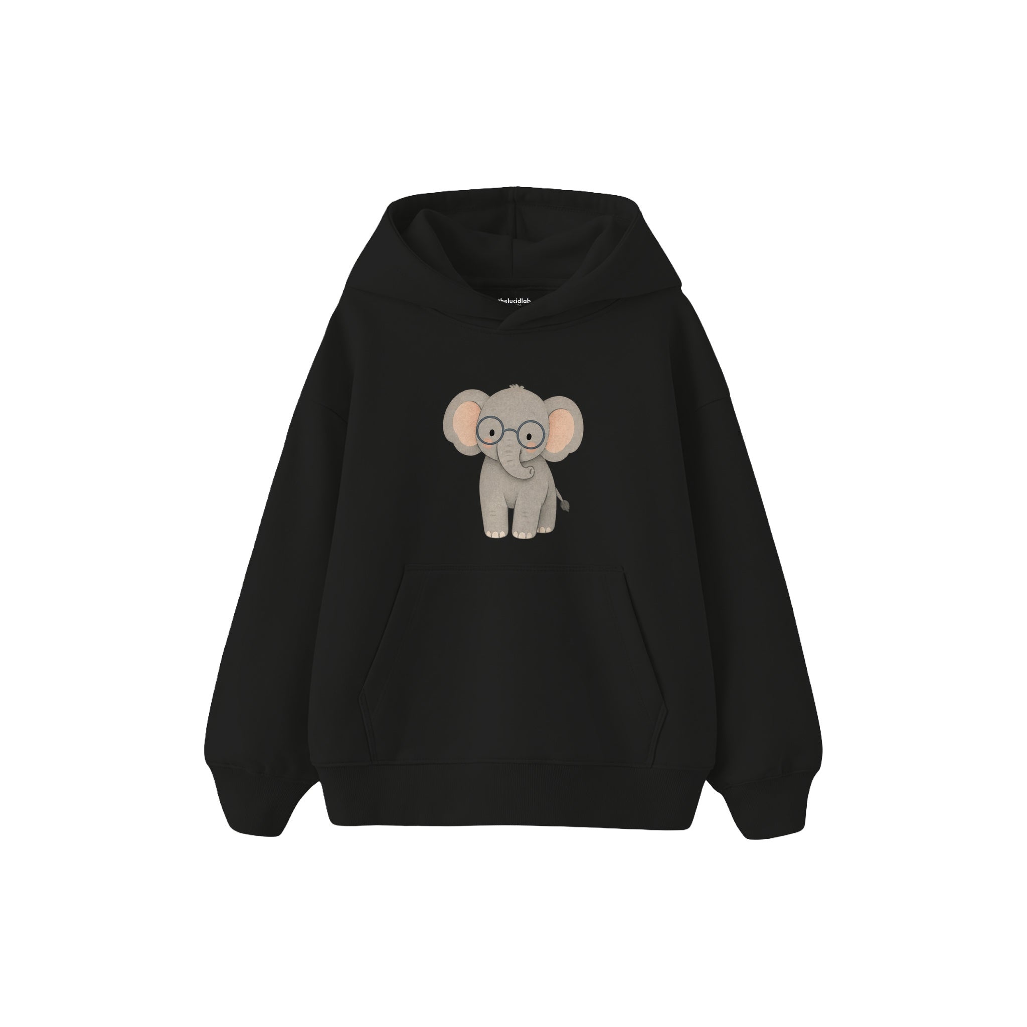 Elephant wearing soft round glasses Çocuk Hoodie — Siyah — ön görünüm