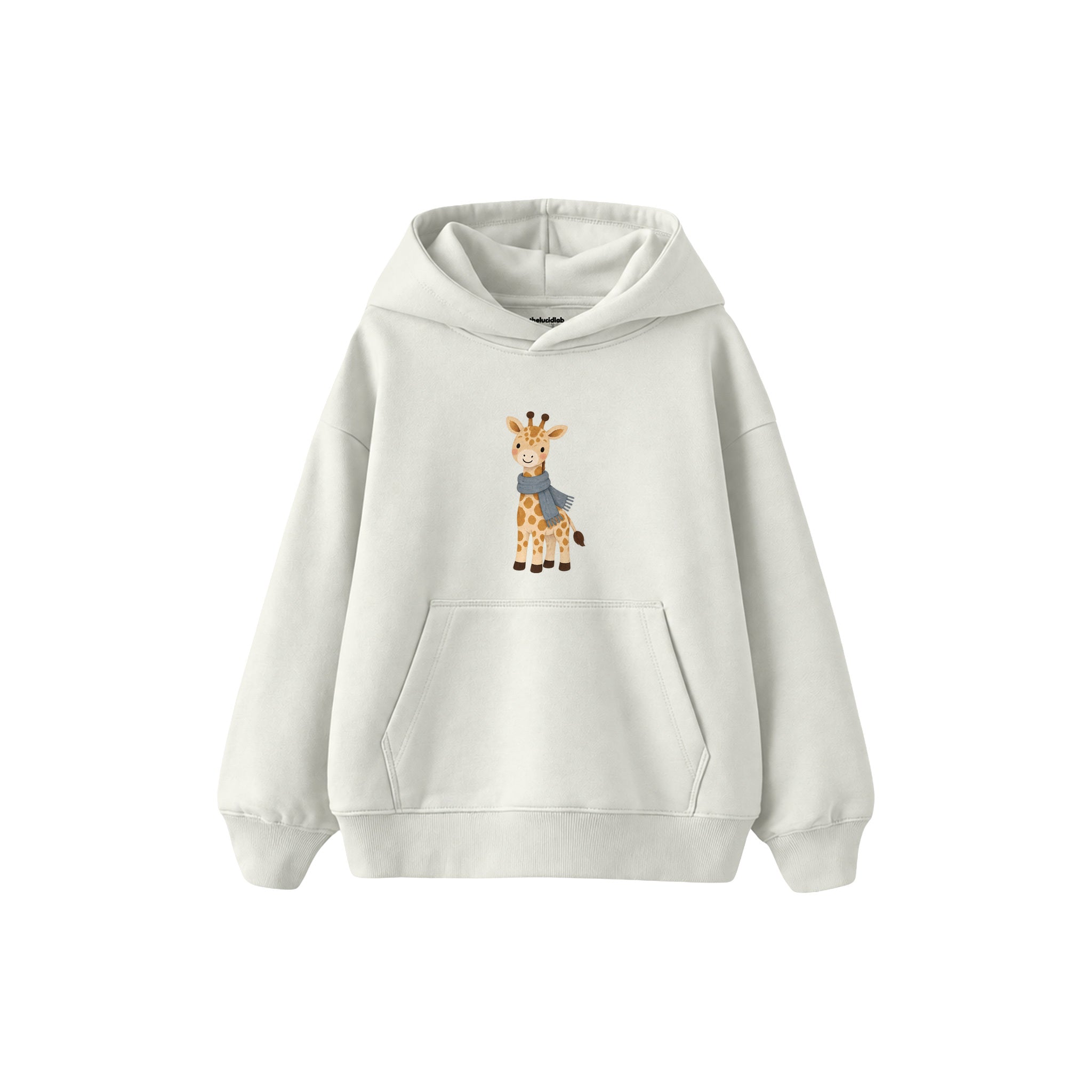 Giraffe in a blue scarf Çocuk Hoodie — Beyaz — ön görünüm