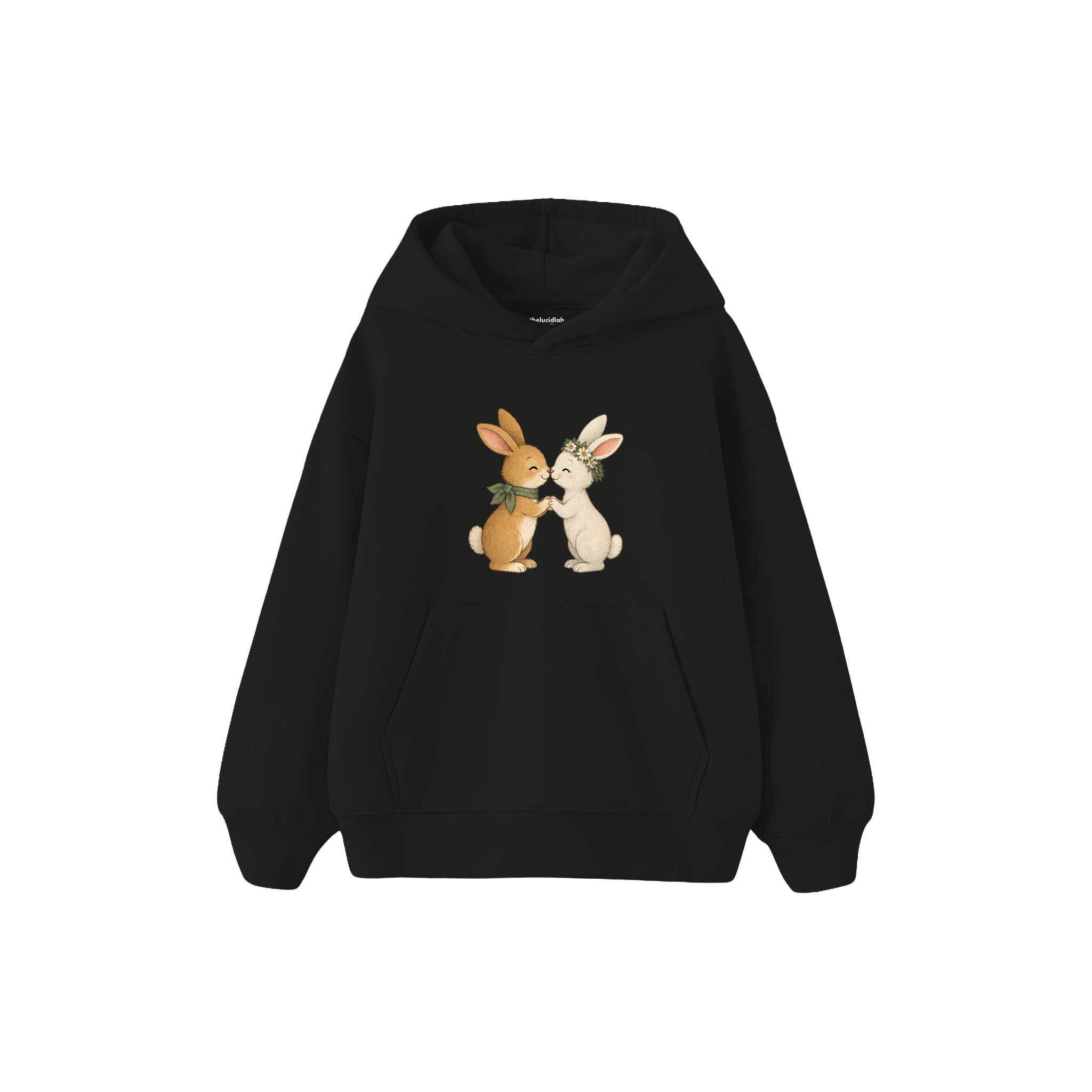 Two small rabbits touching noses Çocuk Hoodie — Siyah — ön görünüm