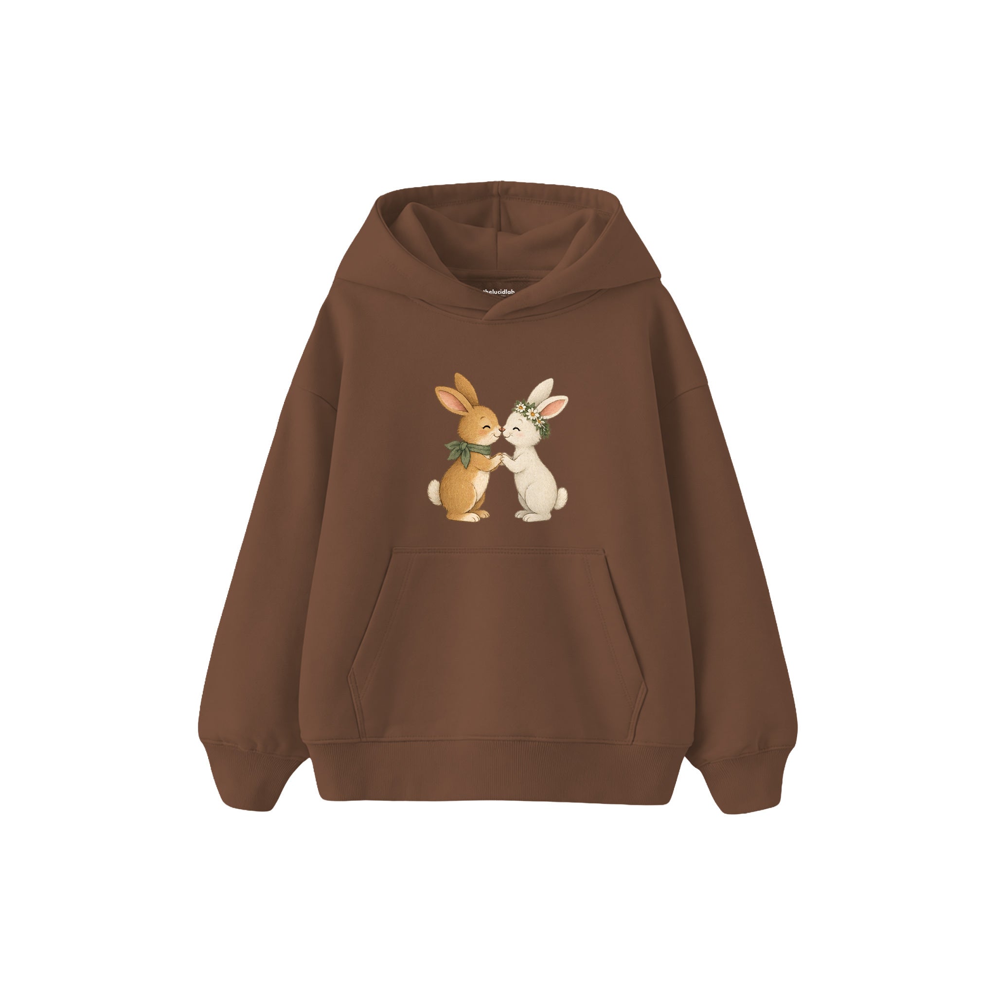 Two small rabbits touching noses Çocuk Hoodie — Kahverengi — ön görünüm