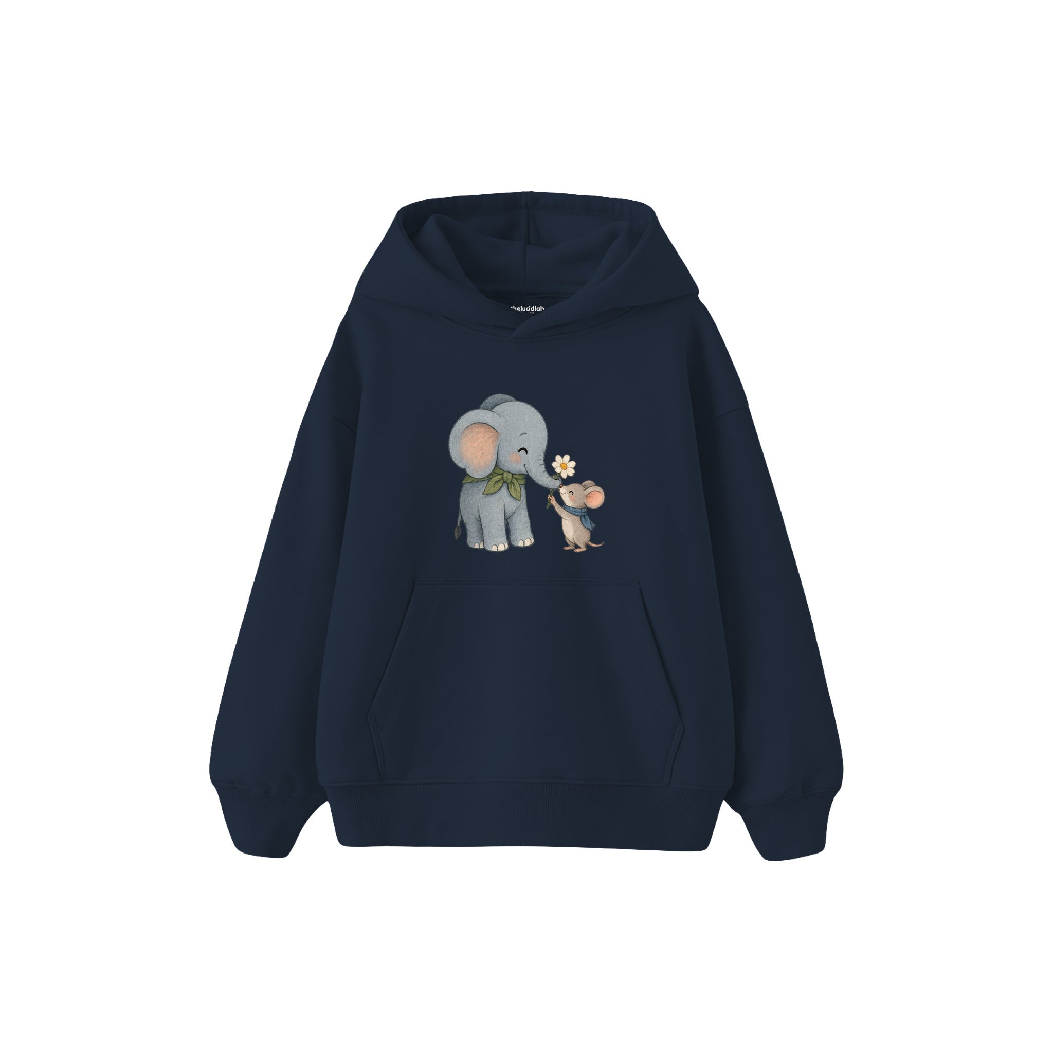 Elephant and mouse exchanging a flower Çocuk Hoodie — Lacivert — ön görünüm