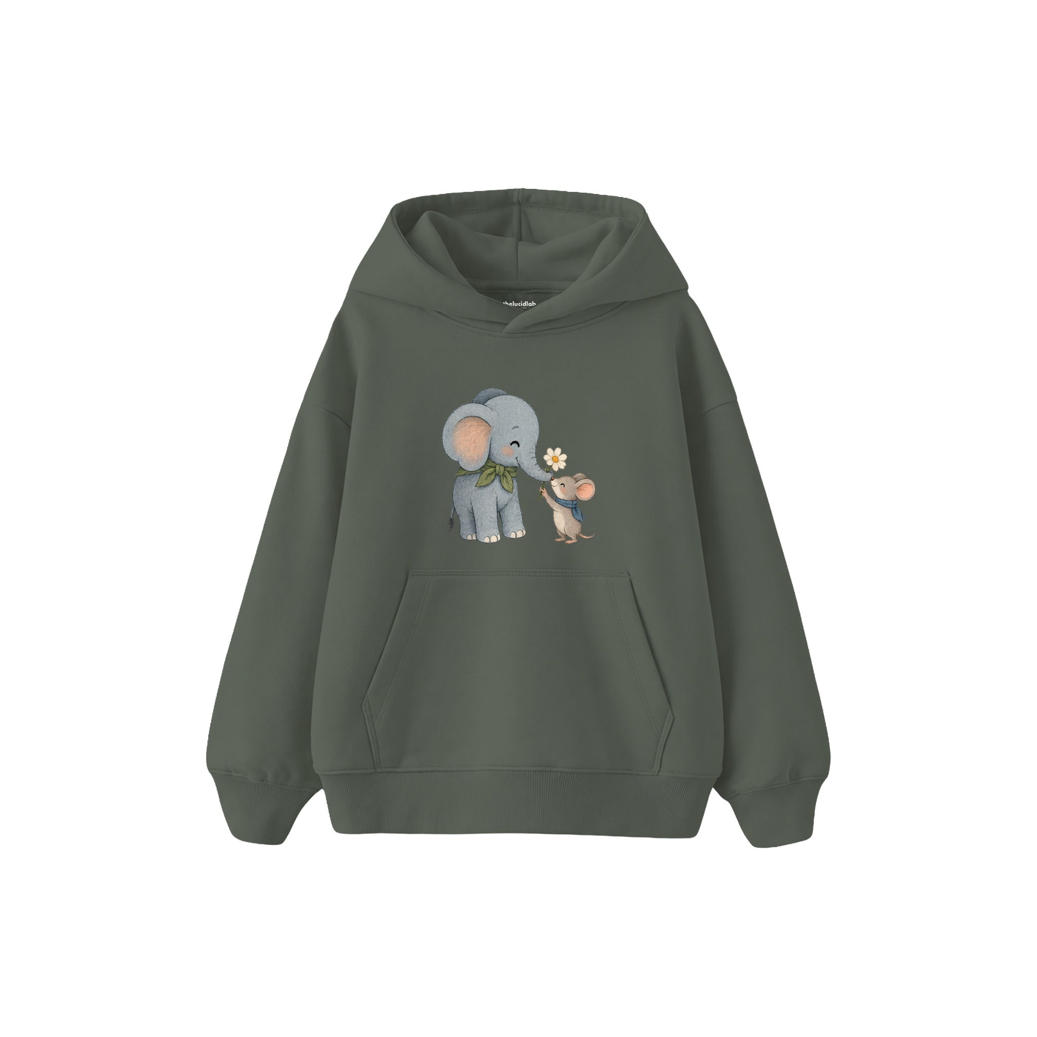 Elephant and mouse exchanging a flower Çocuk Hoodie — Antrasit — ön görünüm