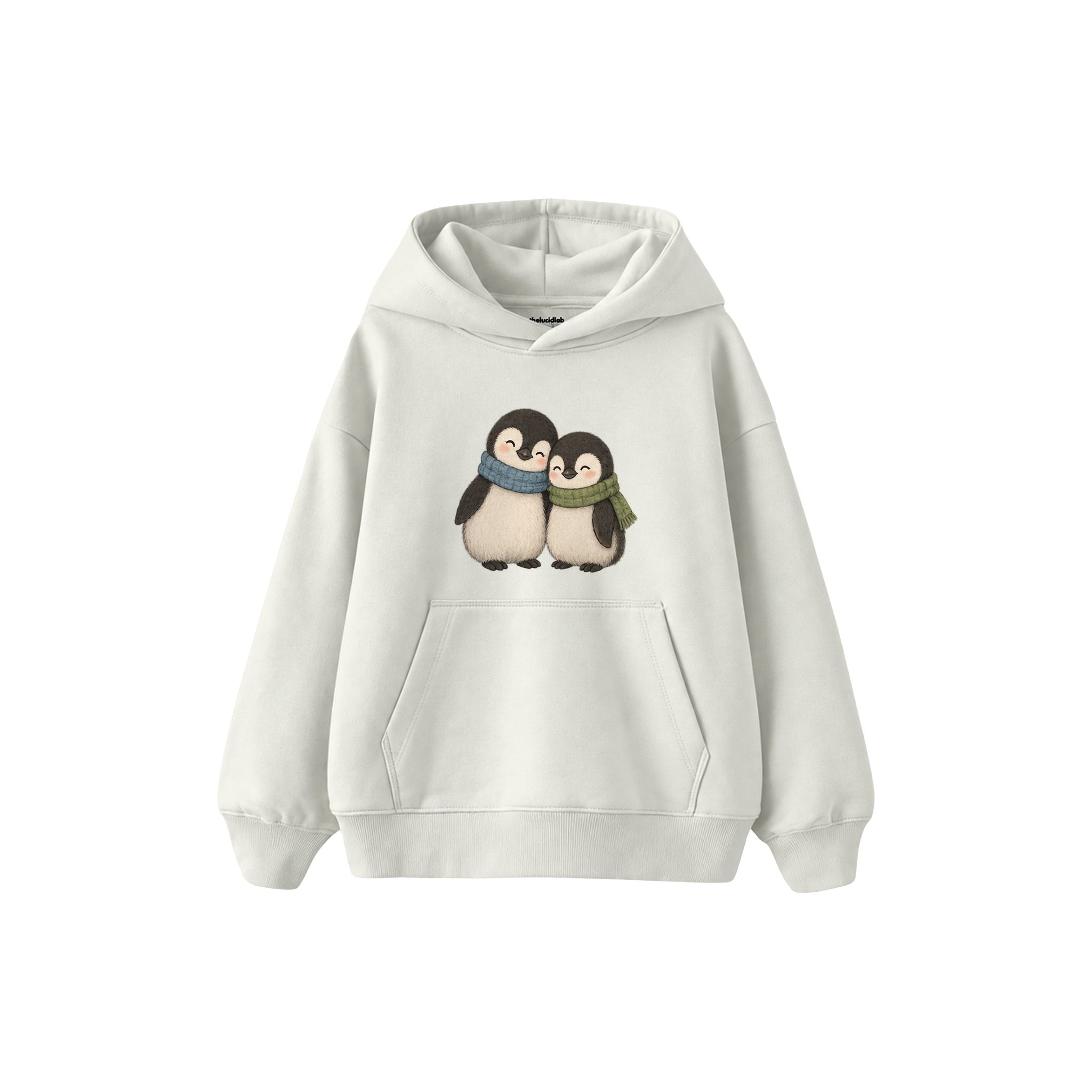 Two penguin chicks leaning together Çocuk Hoodie — Beyaz — ön görünüm