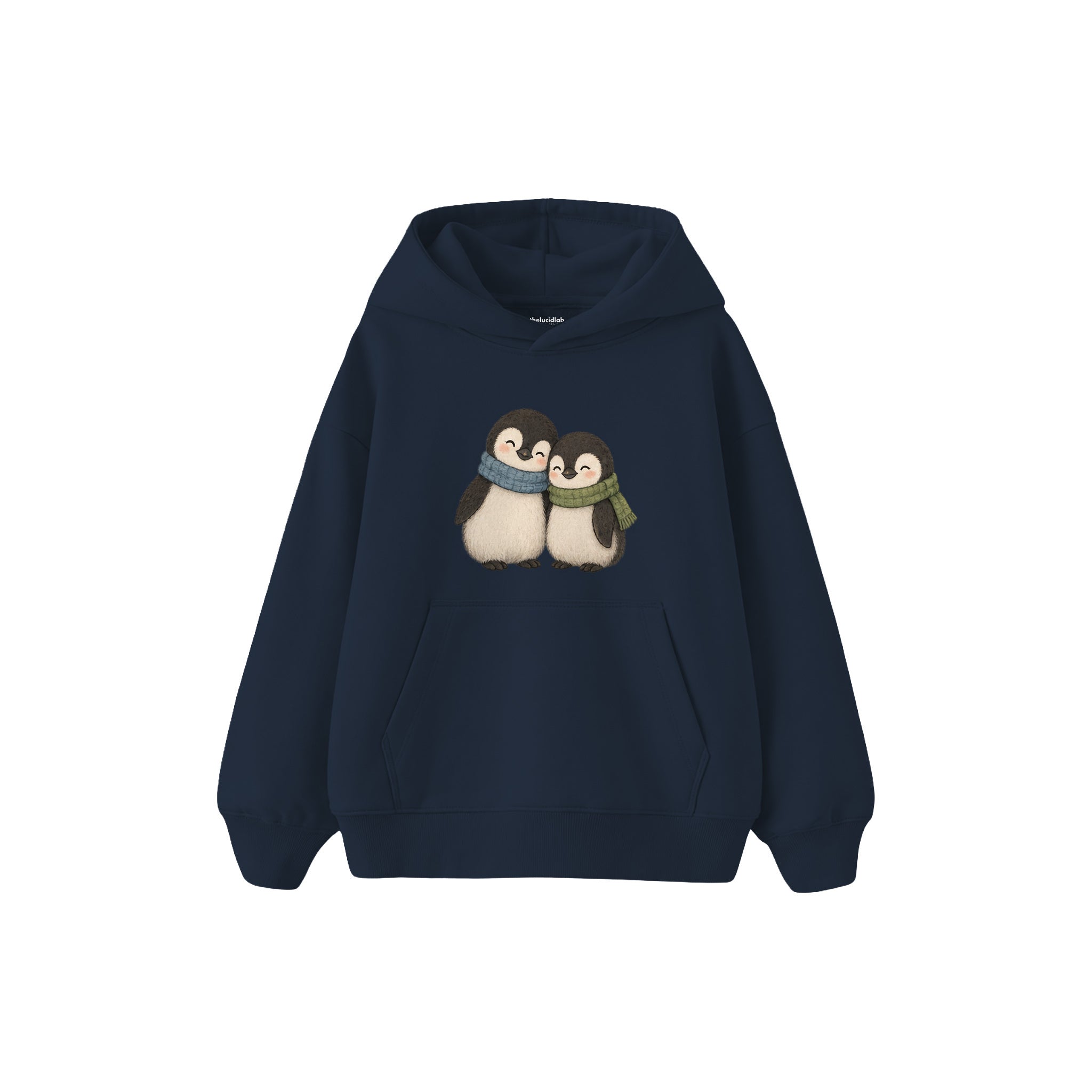 Two penguin chicks leaning together Çocuk Hoodie — Lacivert — ön görünüm
