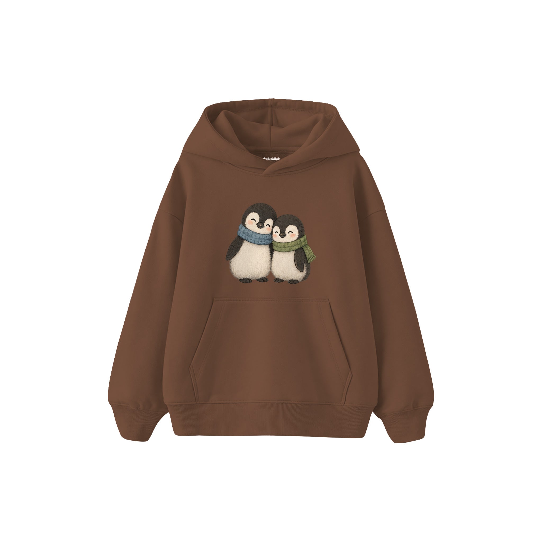 Two penguin chicks leaning together Çocuk Hoodie — Kahverengi — ön görünüm