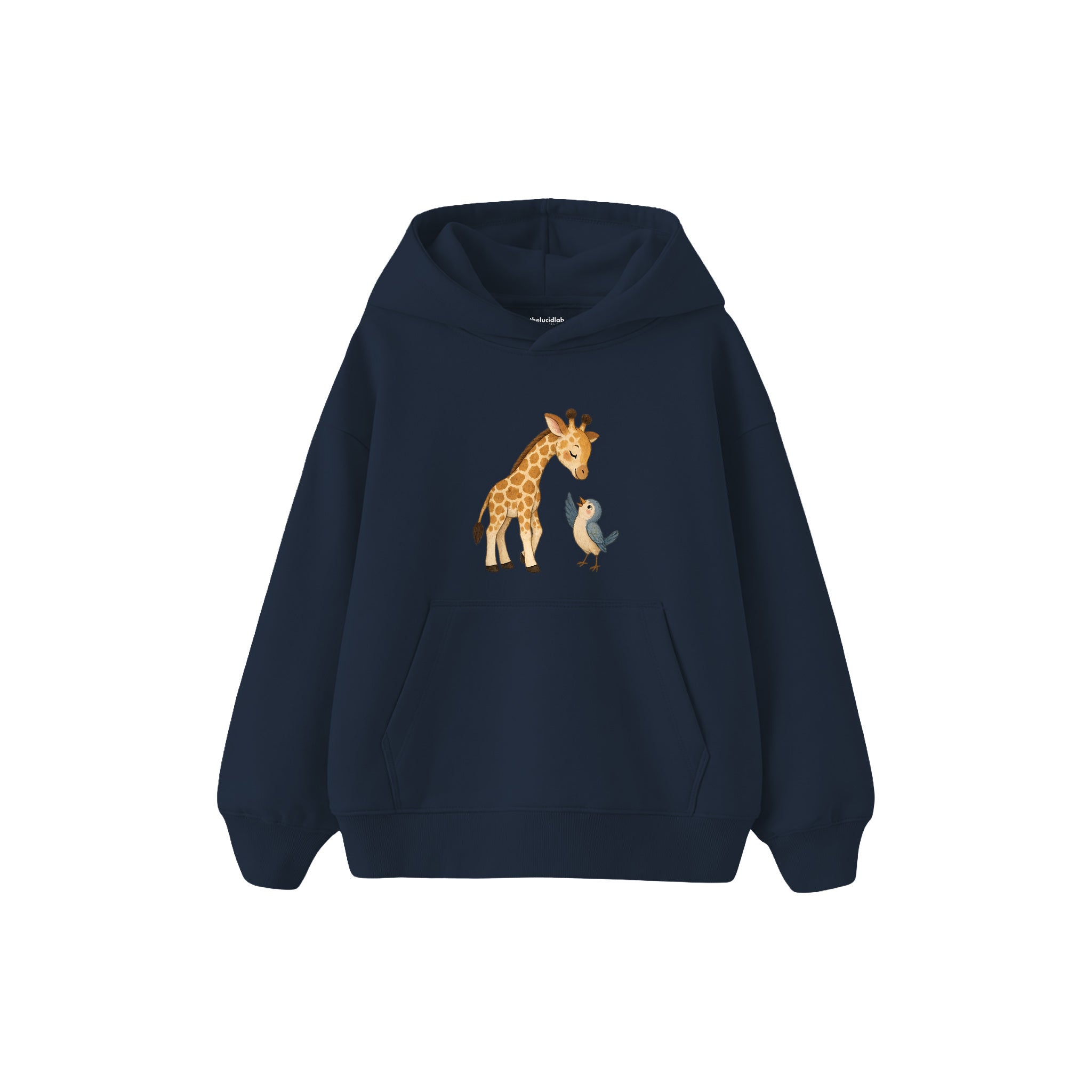 Giraffe and small bird saying hello Çocuk Hoodie — Lacivert — ön görünüm