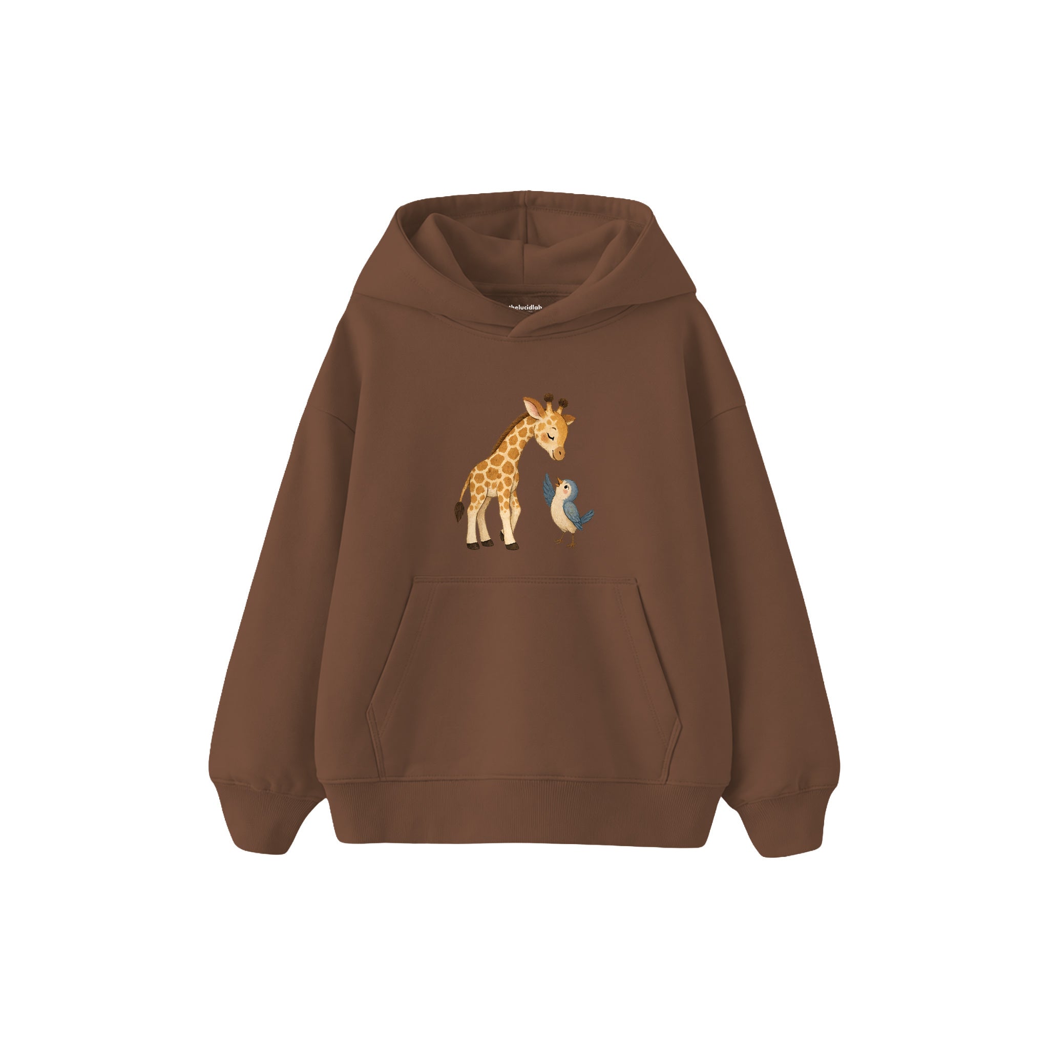 Giraffe and small bird saying hello Çocuk Hoodie — Kahverengi — ön görünüm