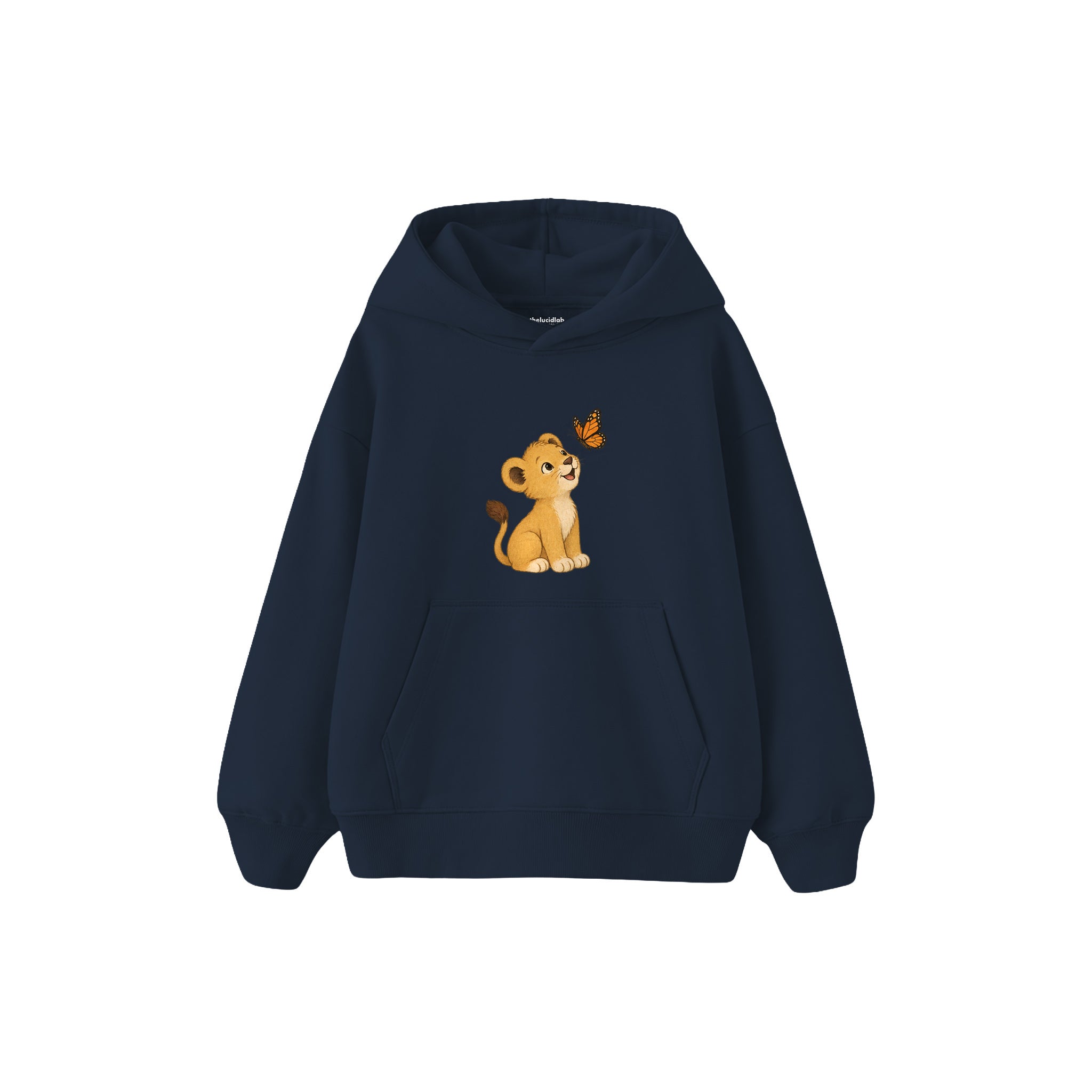 Lion cub and butterfly Çocuk Hoodie — Lacivert — ön görünüm