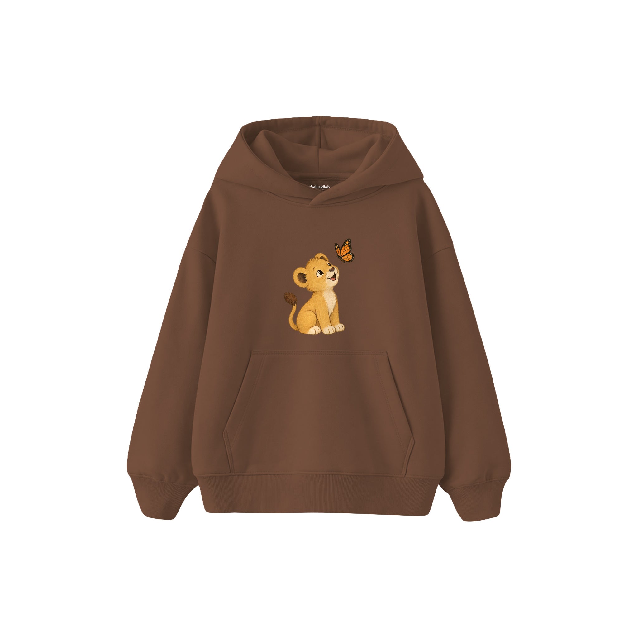 Lion cub and butterfly Çocuk Hoodie — Kahverengi — ön görünüm