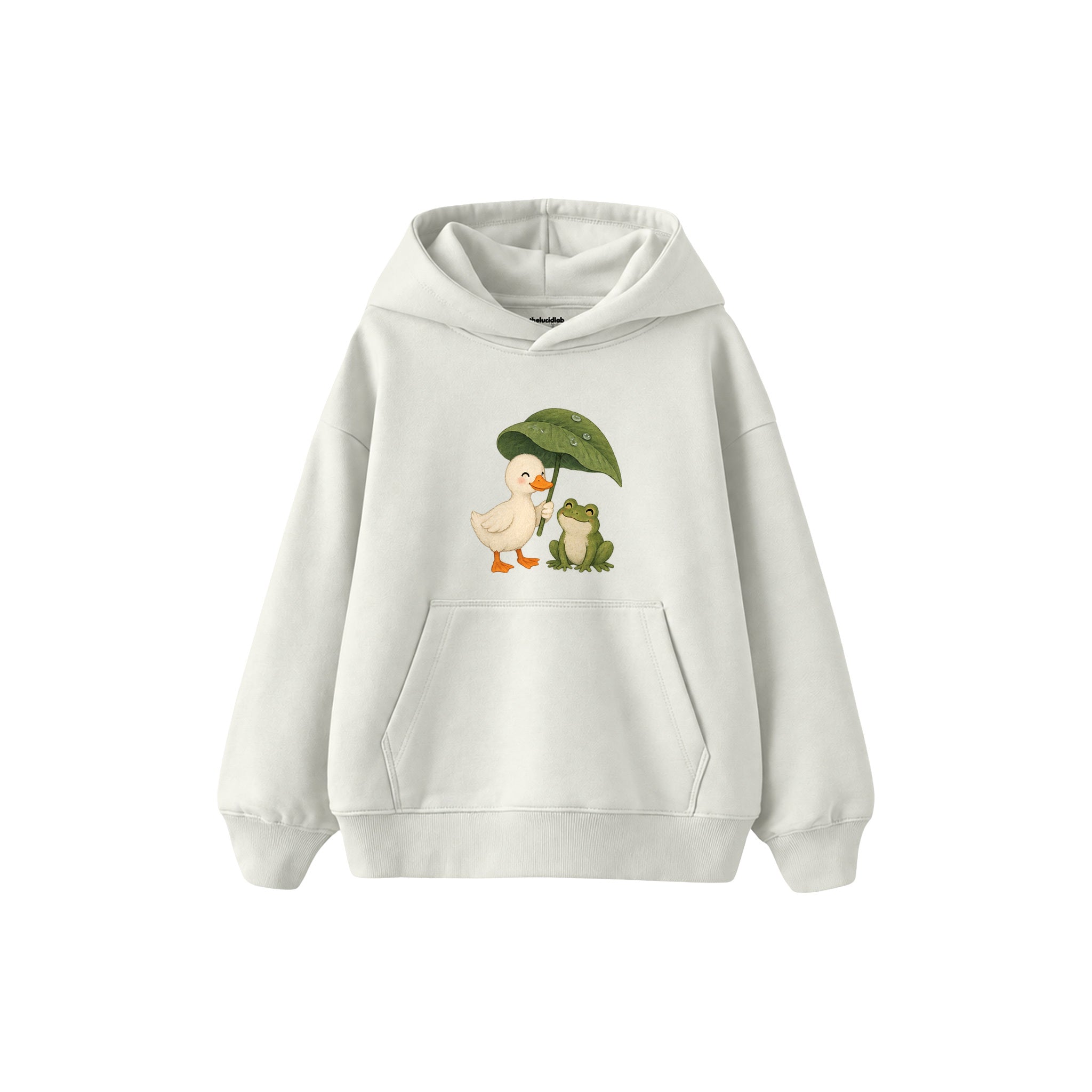 Duck and frog sharing a leaf umbrella Çocuk Hoodie — Beyaz — ön görünüm