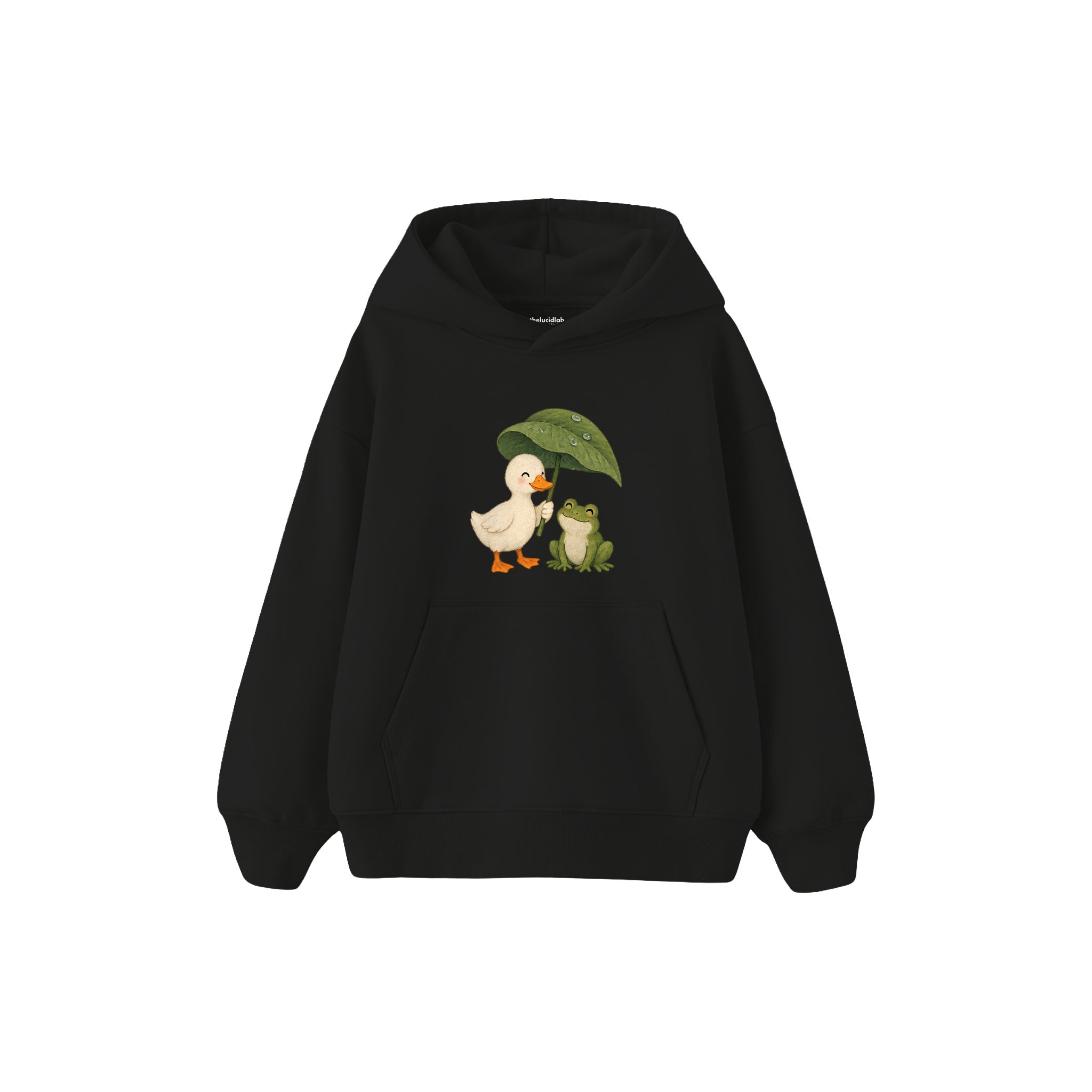 Duck and frog sharing a leaf umbrella Çocuk Hoodie — Siyah — ön görünüm