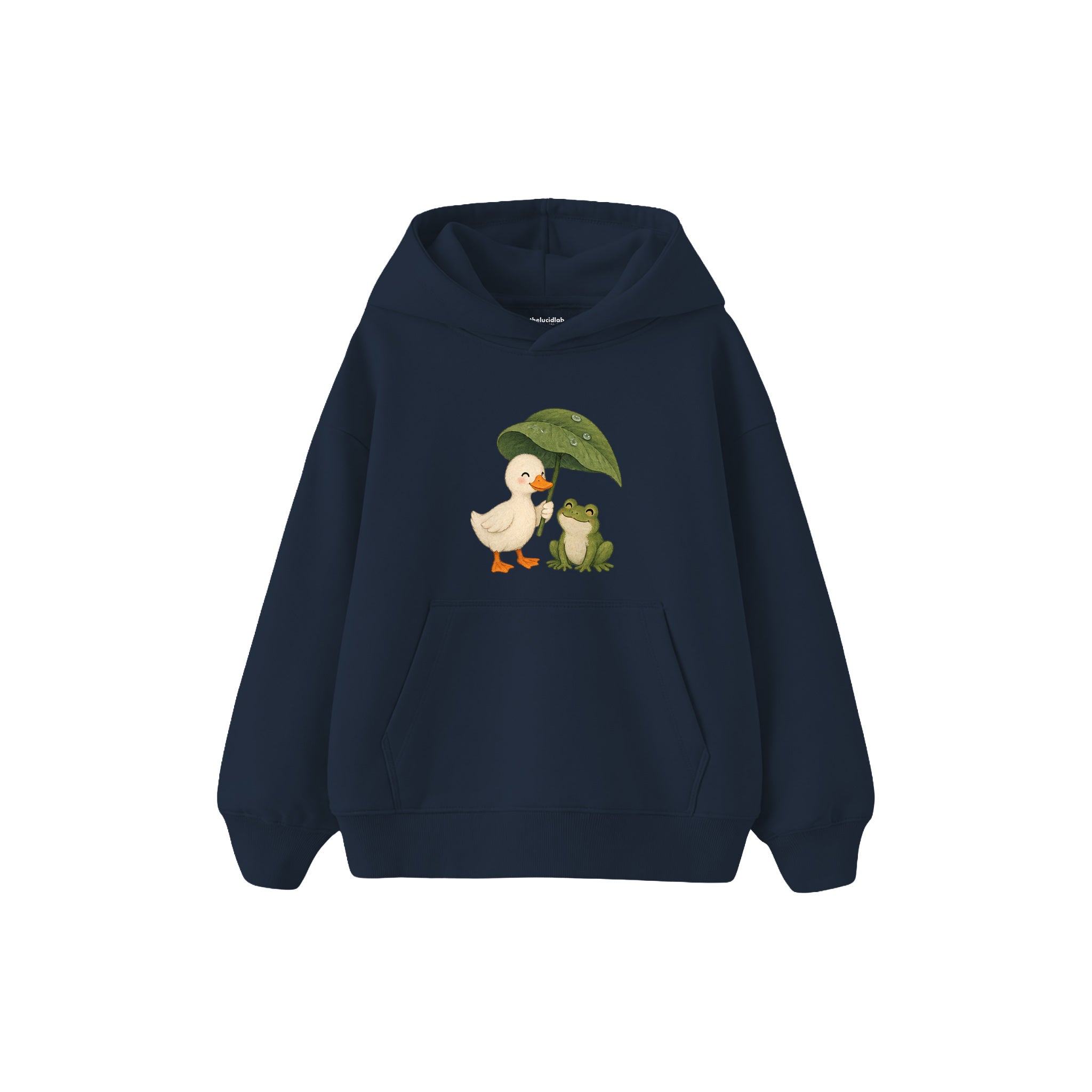 Duck and frog sharing a leaf umbrella Çocuk Hoodie — Lacivert — ön görünüm