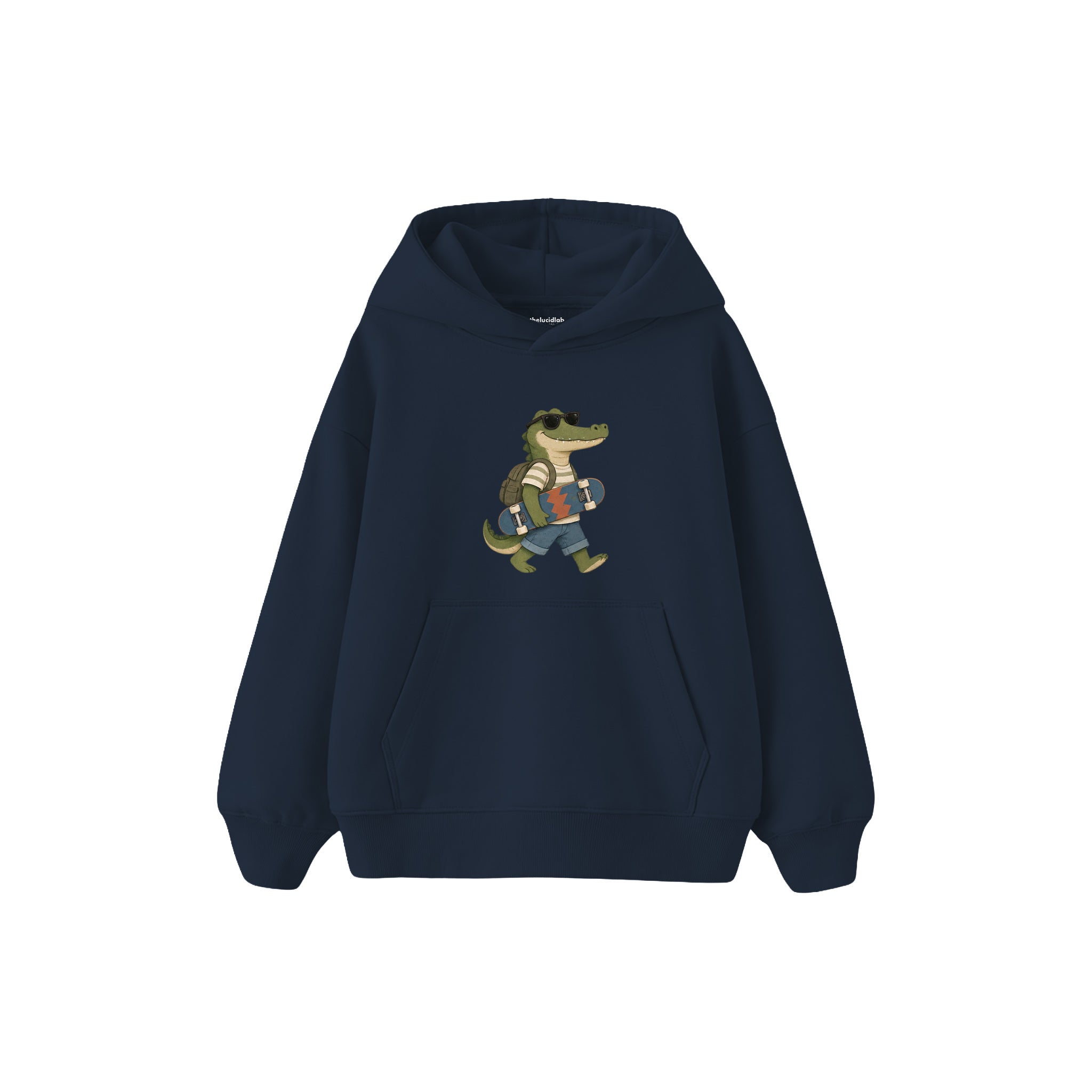 Crocodile carrying a skateboard wearing sunglasses Çocuk Hoodie — Lacivert — ön görünüm