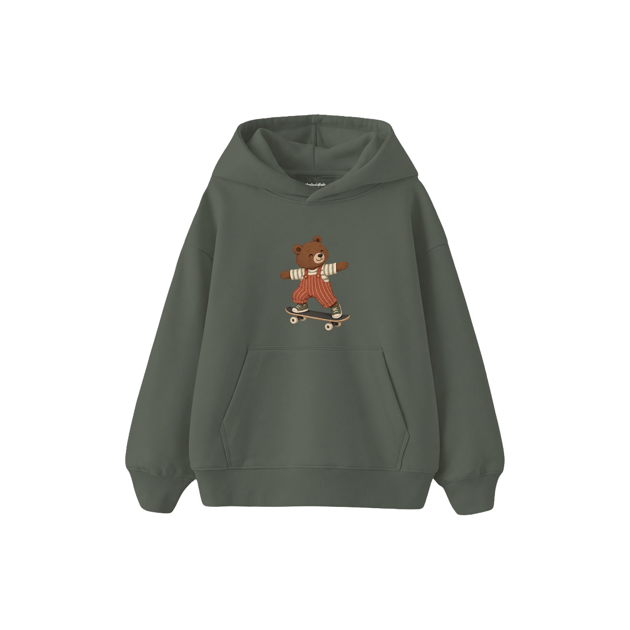 Bear skateboarding in rust striped overalls Çocuk Hoodie — Antrasit — ön görünüm