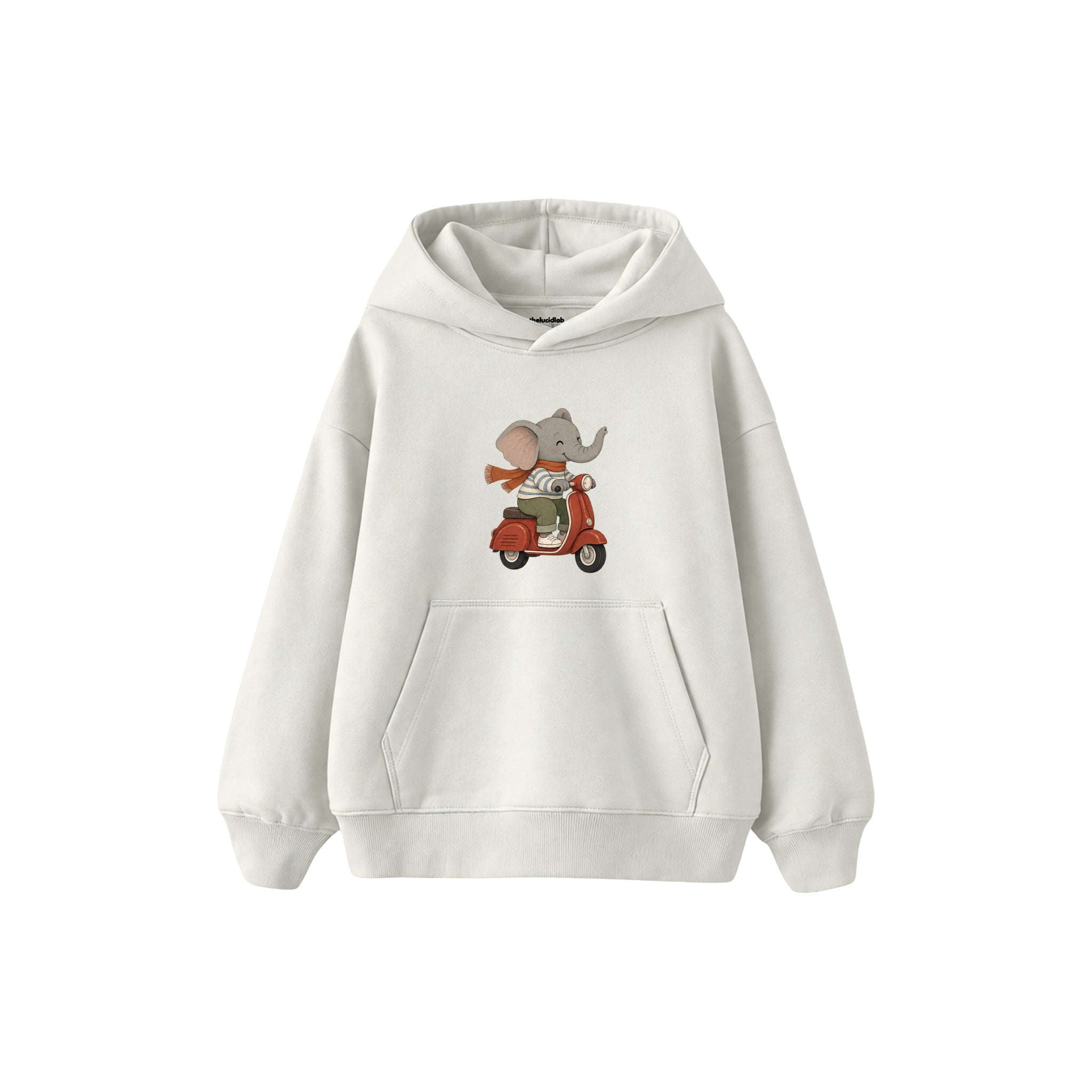 Elephant riding a vintage red scooter Çocuk Hoodie — Beyaz — ön görünüm