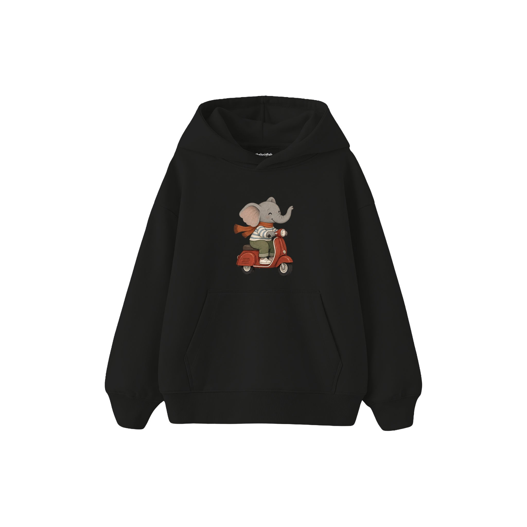 Elephant riding a vintage red scooter Çocuk Hoodie — Siyah — ön görünüm