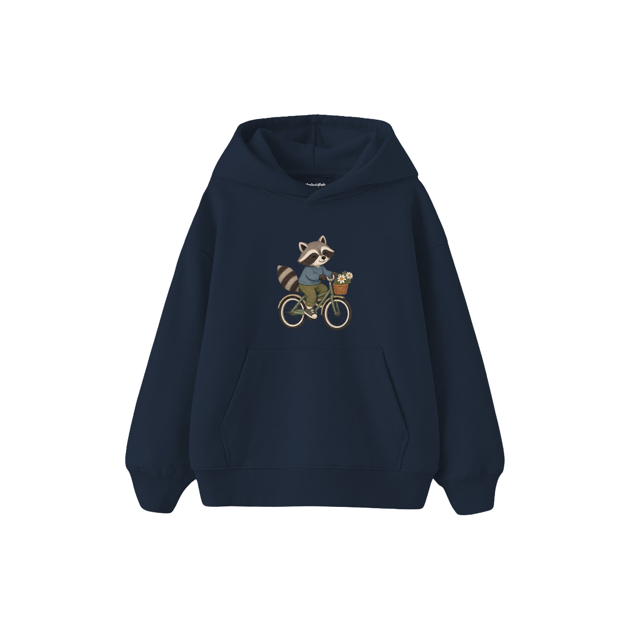 Raccoon riding a bicycle with tiny basket Çocuk Hoodie — Lacivert — ön görünüm