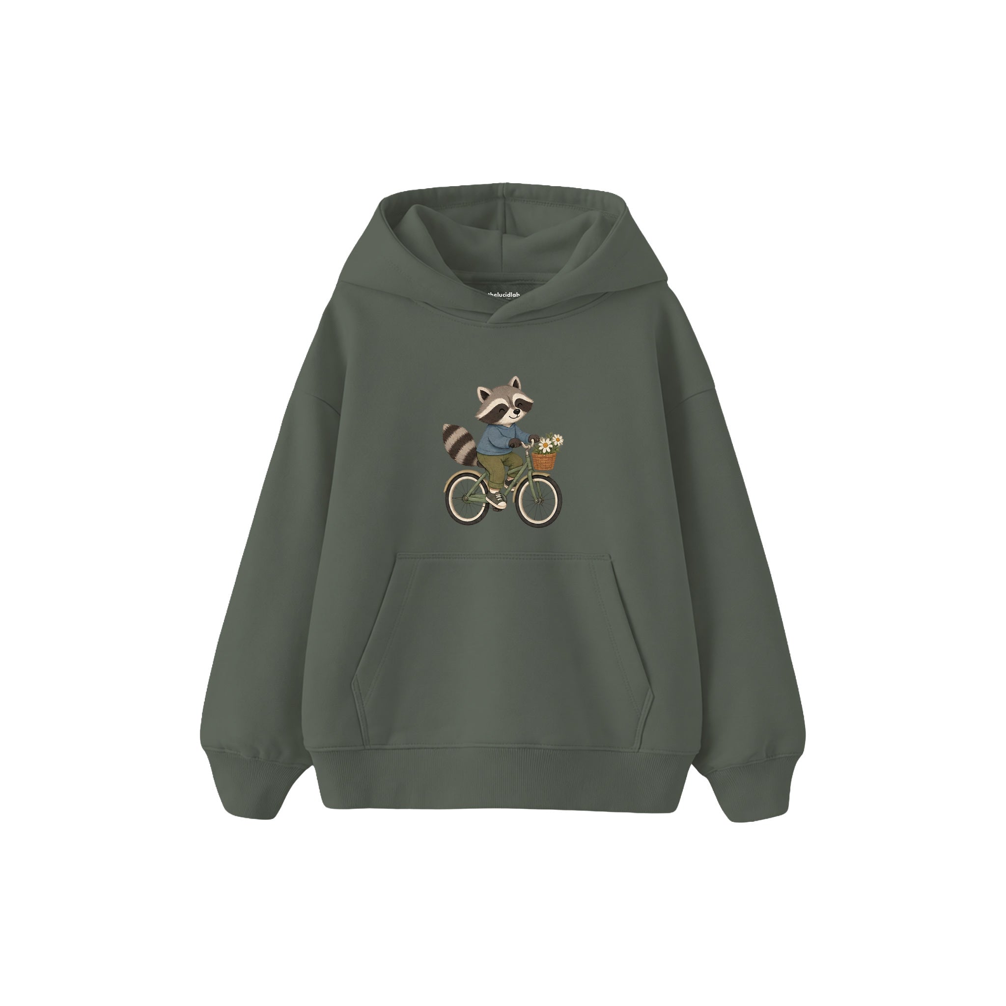 Raccoon riding a bicycle with tiny basket Çocuk Hoodie — Antrasit — ön görünüm