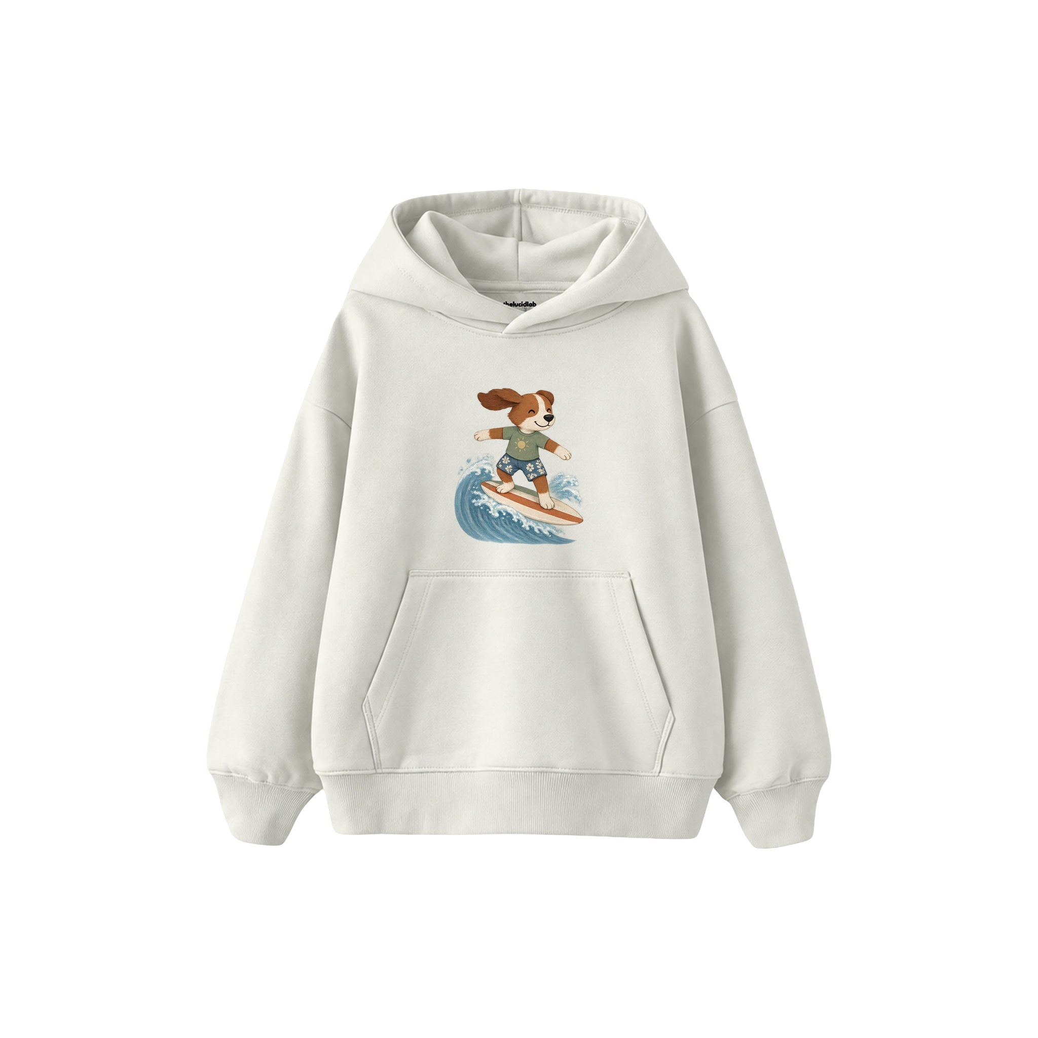 Dog surfing on a small wave Çocuk Hoodie — Beyaz — ön görünüm