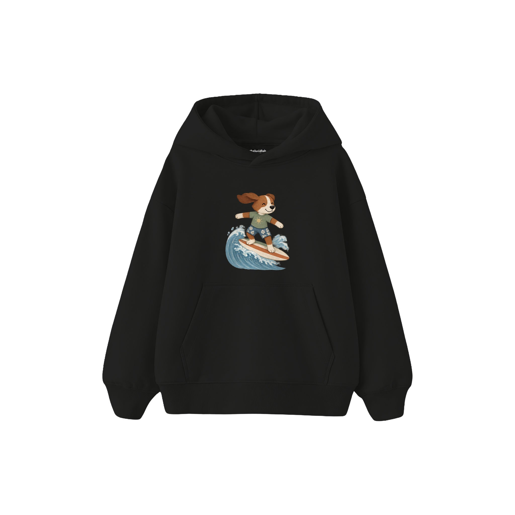 Dog surfing on a small wave Çocuk Hoodie — Siyah — ön görünüm