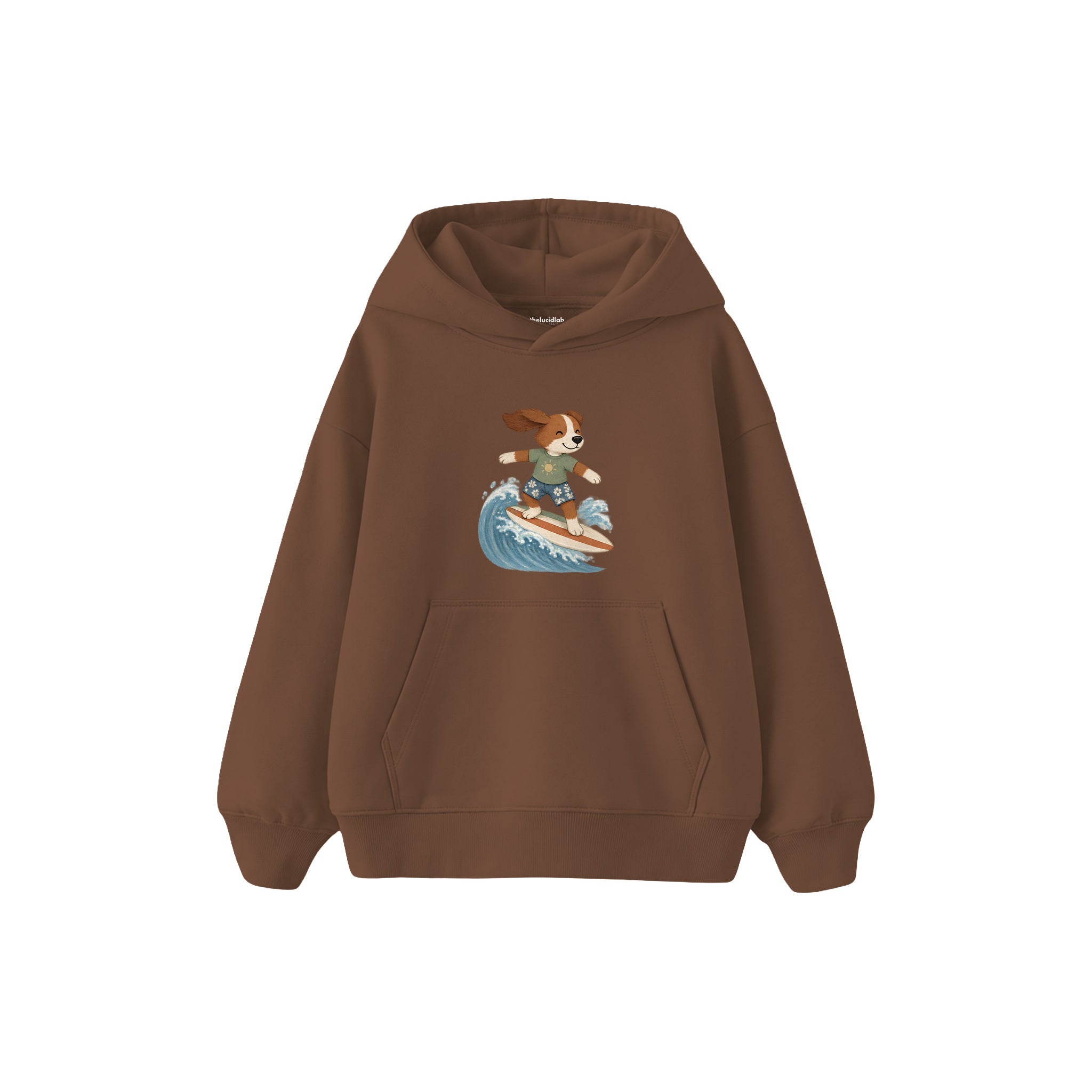 Dog surfing on a small wave Çocuk Hoodie — Kahverengi — ön görünüm