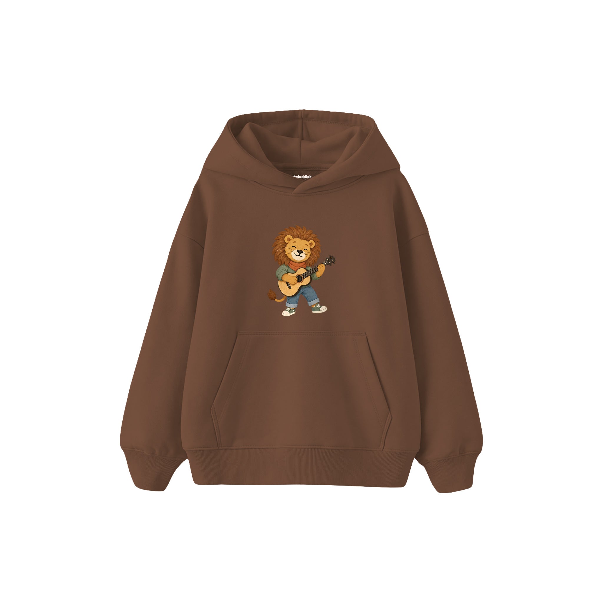 Lion playing a tiny acoustic guitar Çocuk Hoodie — Kahverengi — ön görünüm
