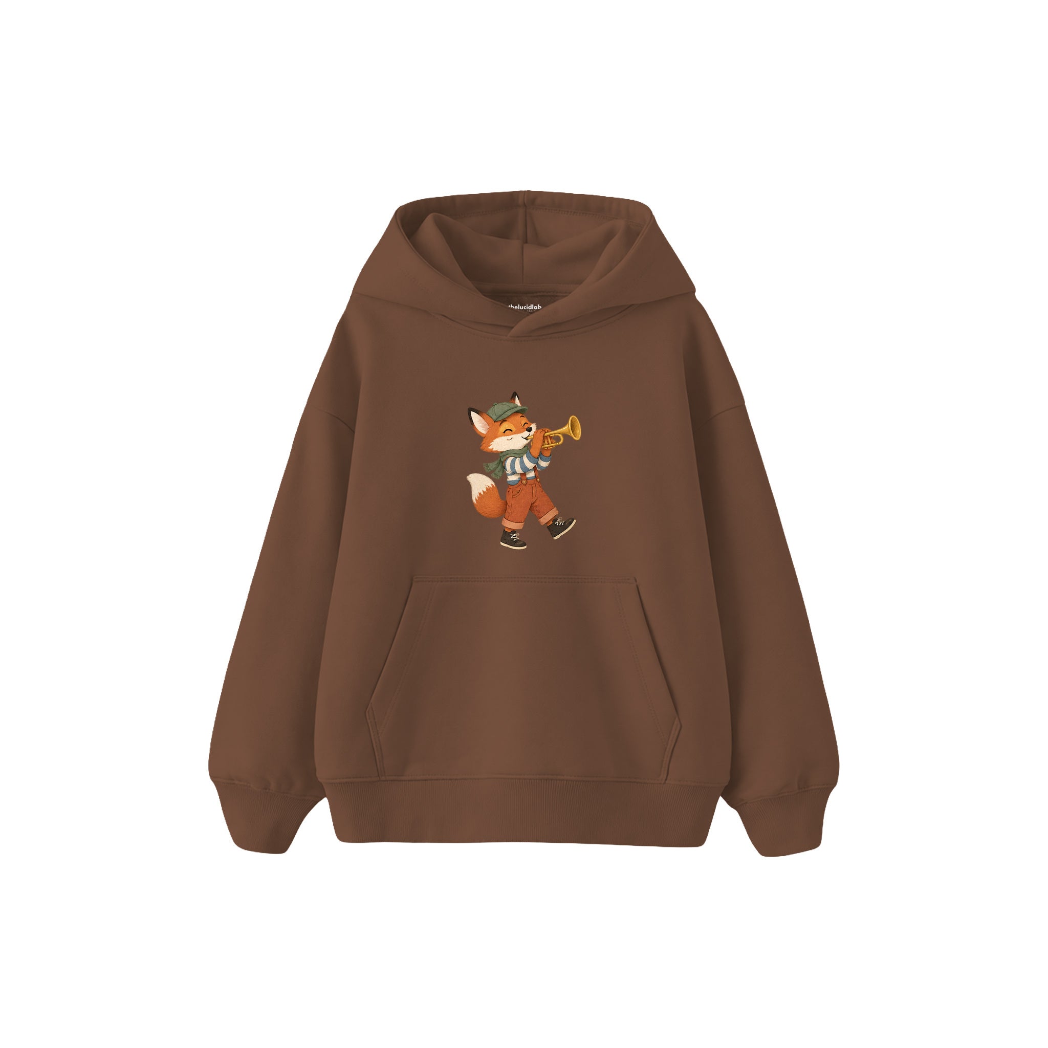 Fox playing a trumpet Çocuk Hoodie — Kahverengi — ön görünüm