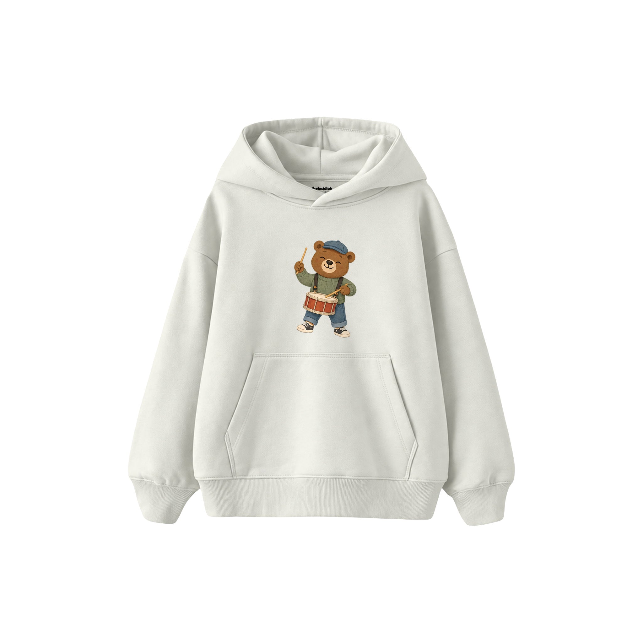Bear drumming on a snare drum Çocuk Hoodie — Beyaz — ön görünüm