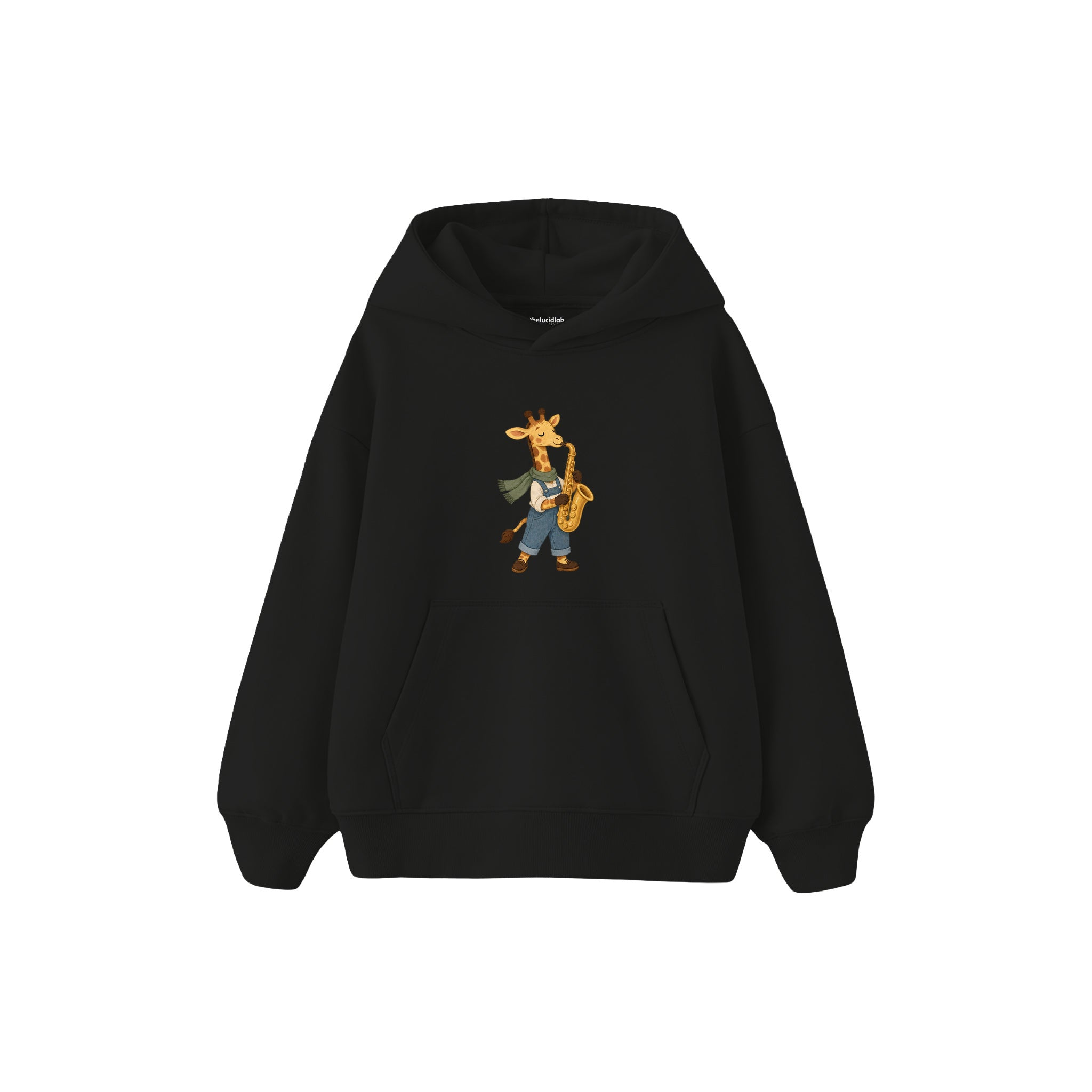 Giraffe playing a saxophone Çocuk Hoodie — Siyah — ön görünüm