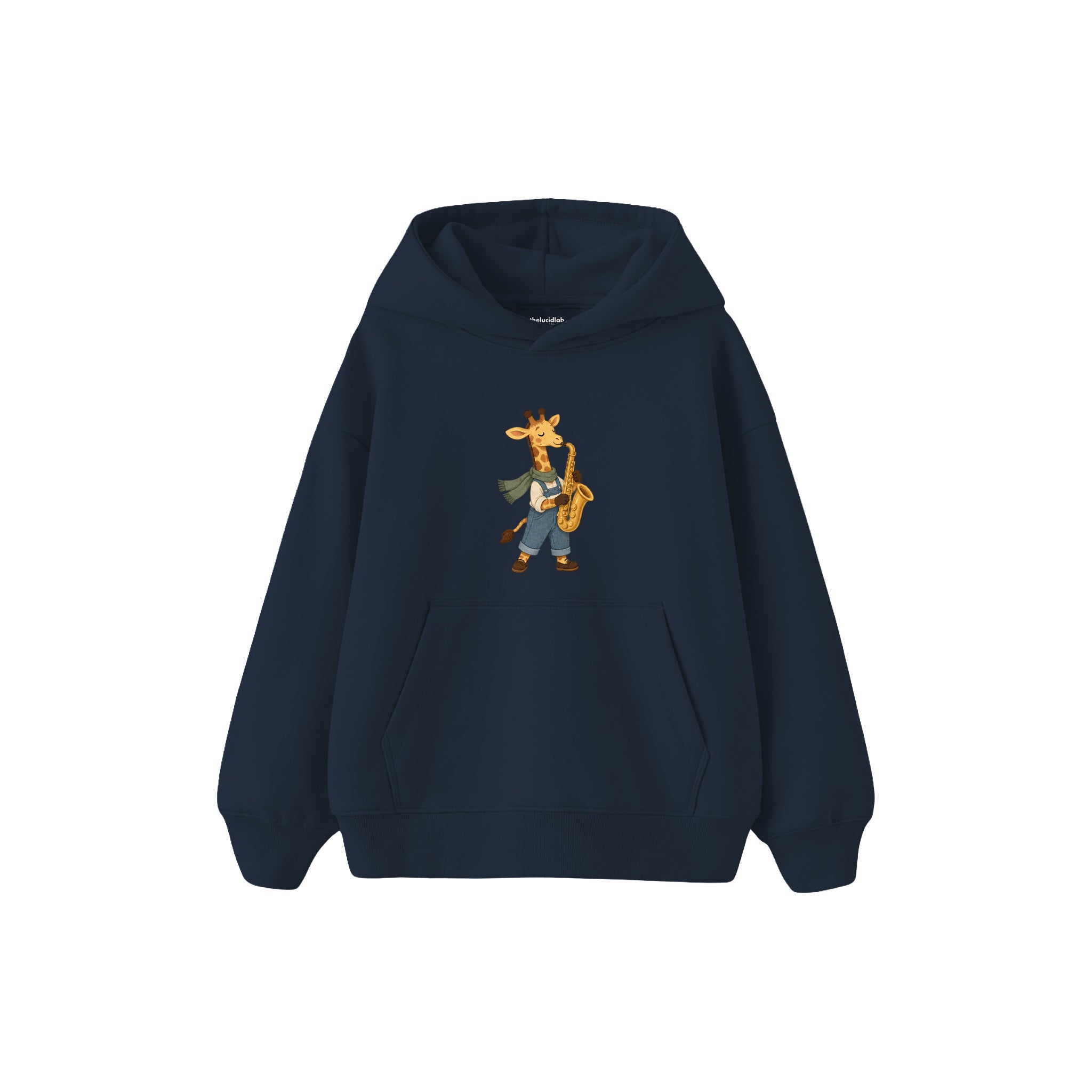 Giraffe playing a saxophone Çocuk Hoodie — Lacivert — ön görünüm
