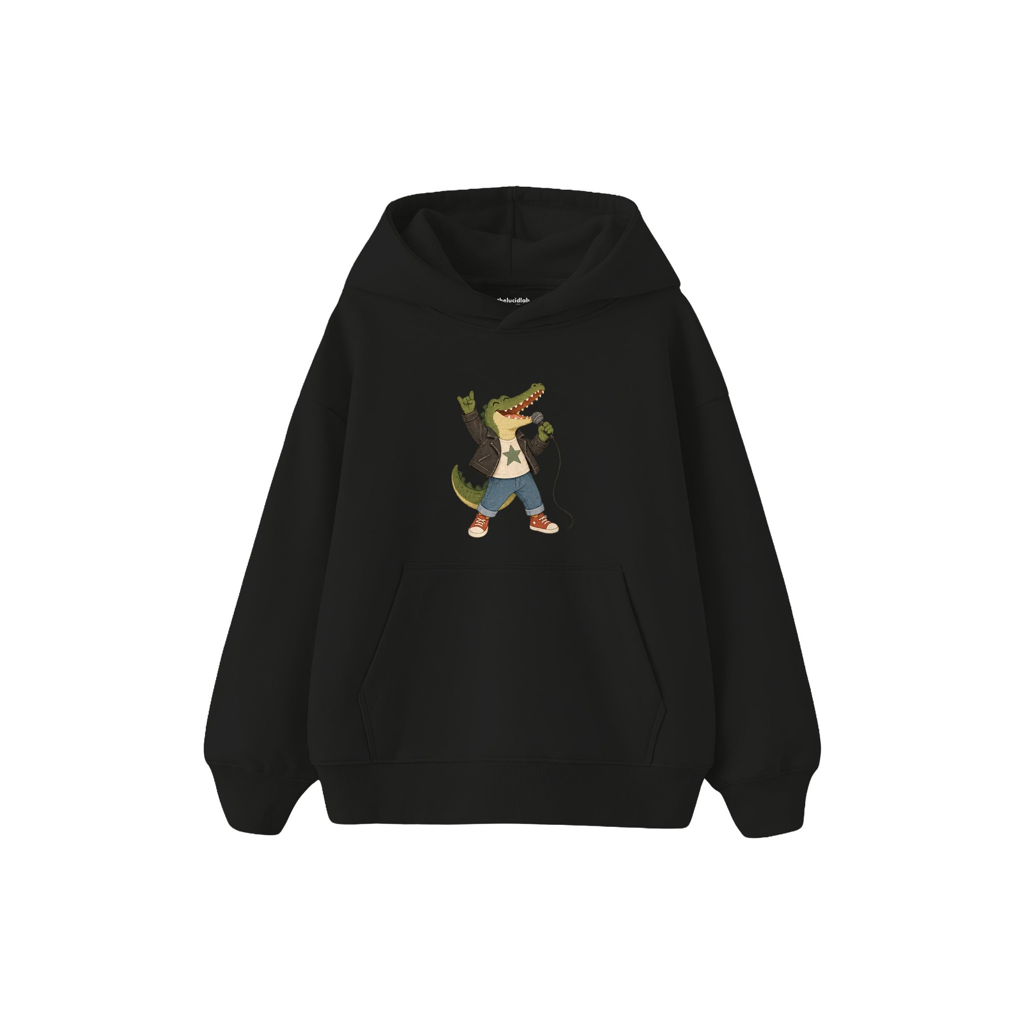Crocodile holding a microphone like a rock singer Çocuk Hoodie — Siyah — ön görünüm