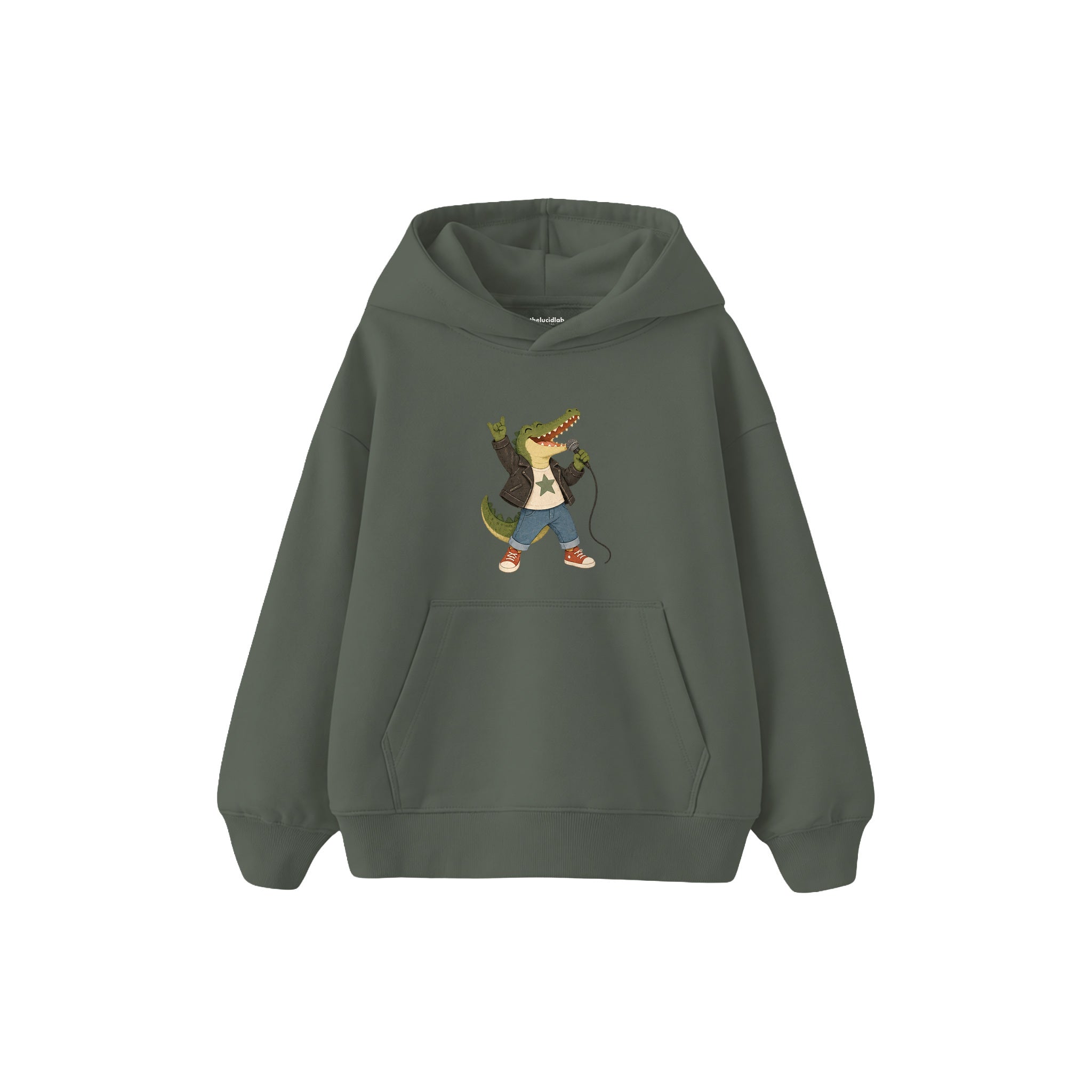 Crocodile holding a microphone like a rock singer Çocuk Hoodie — Antrasit — ön görünüm