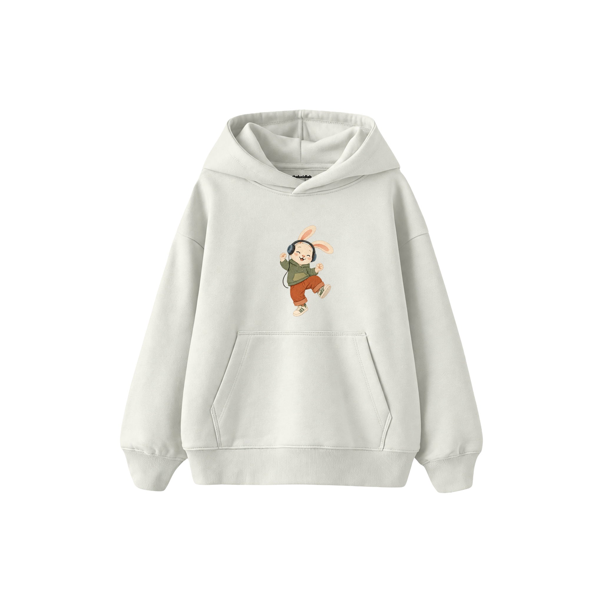 Rabbit dancing with headphones Çocuk Hoodie — Beyaz — ön görünüm