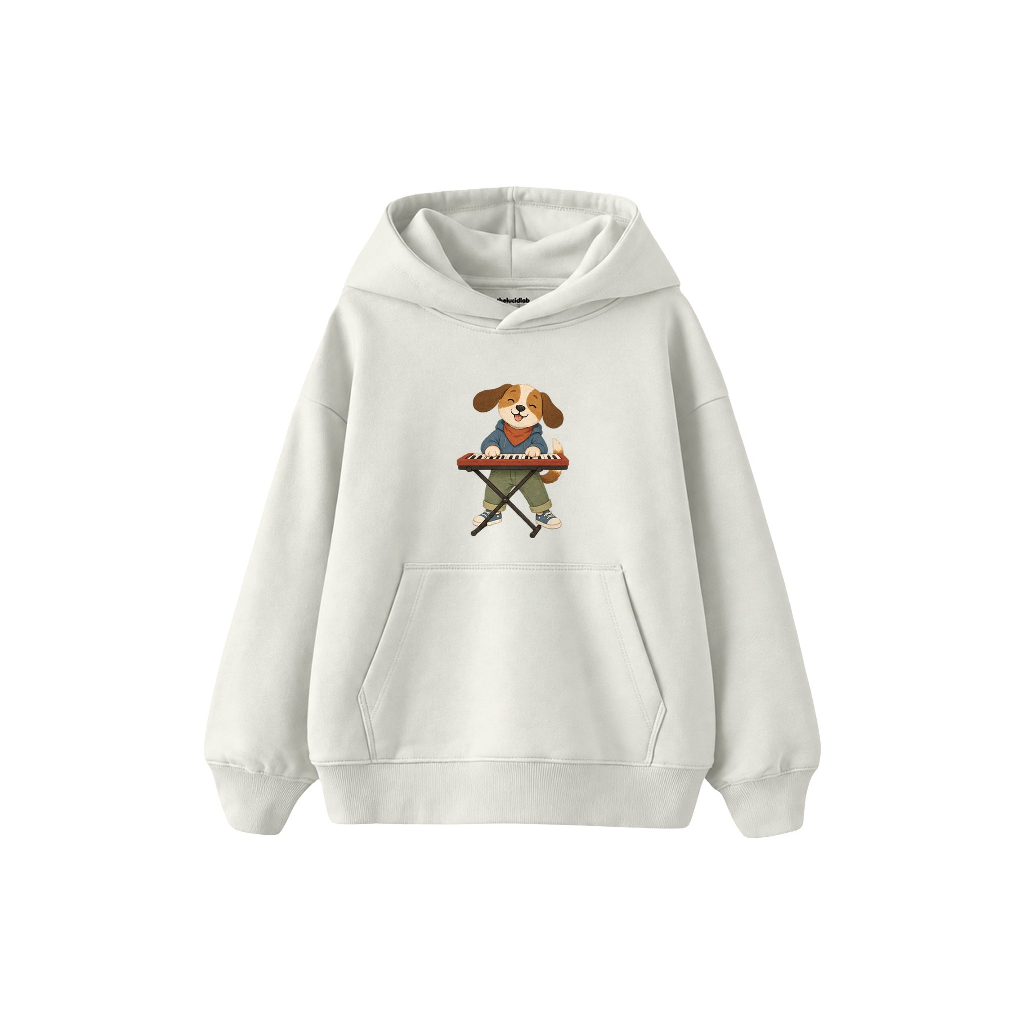 Dog playing a small keyboard Çocuk Hoodie — Beyaz — ön görünüm